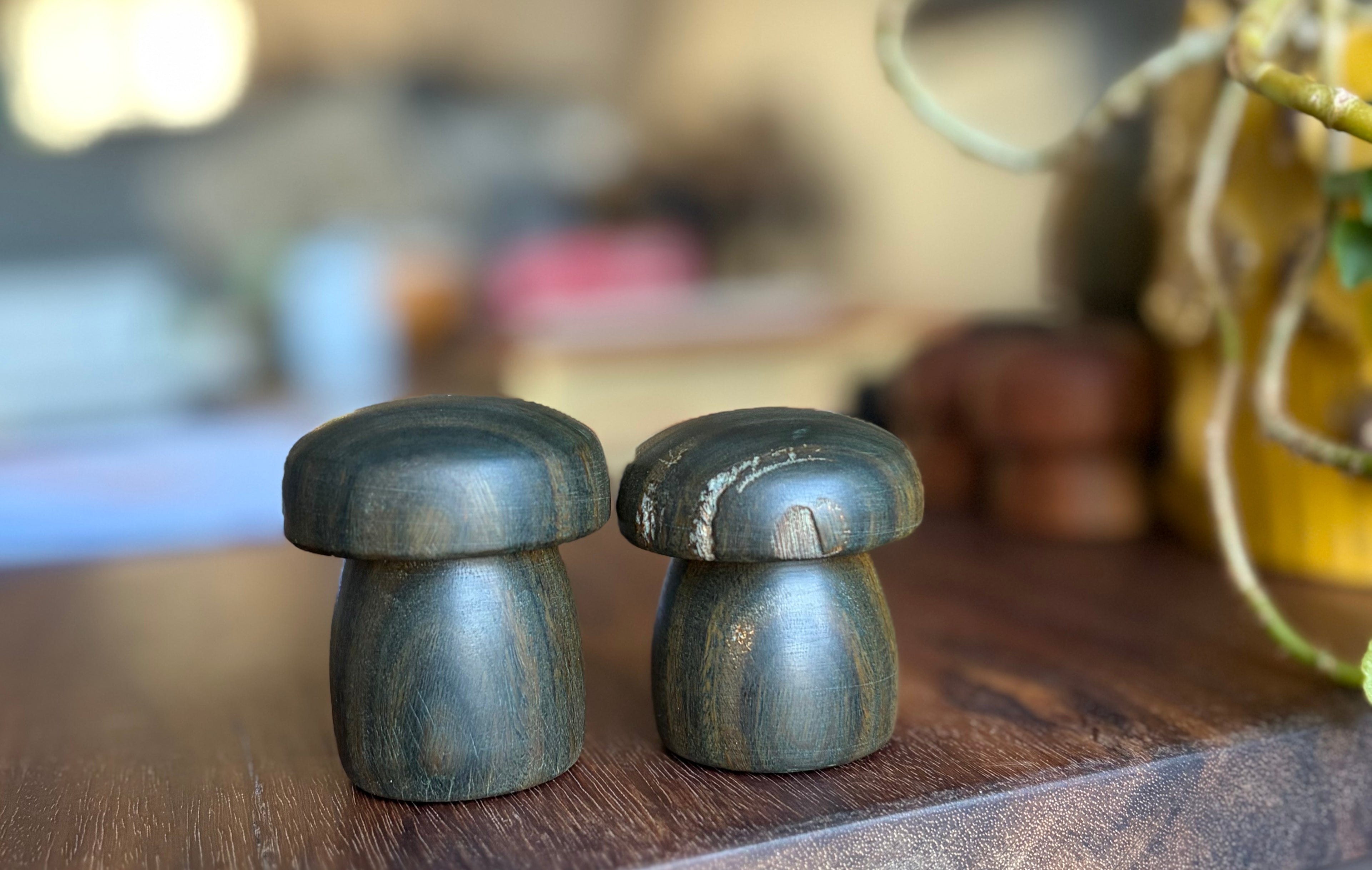 Handturned Lignum Vitae Wood Mushroom Set – Handmade Woodland Decor (Set of 2)