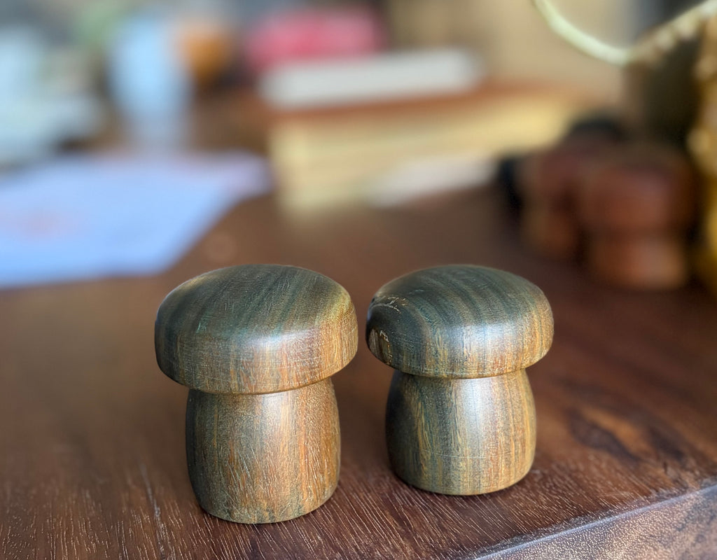 Handturned Lignum Vitae Wood Mushroom Set – Handmade Woodland Decor (Set of 2)