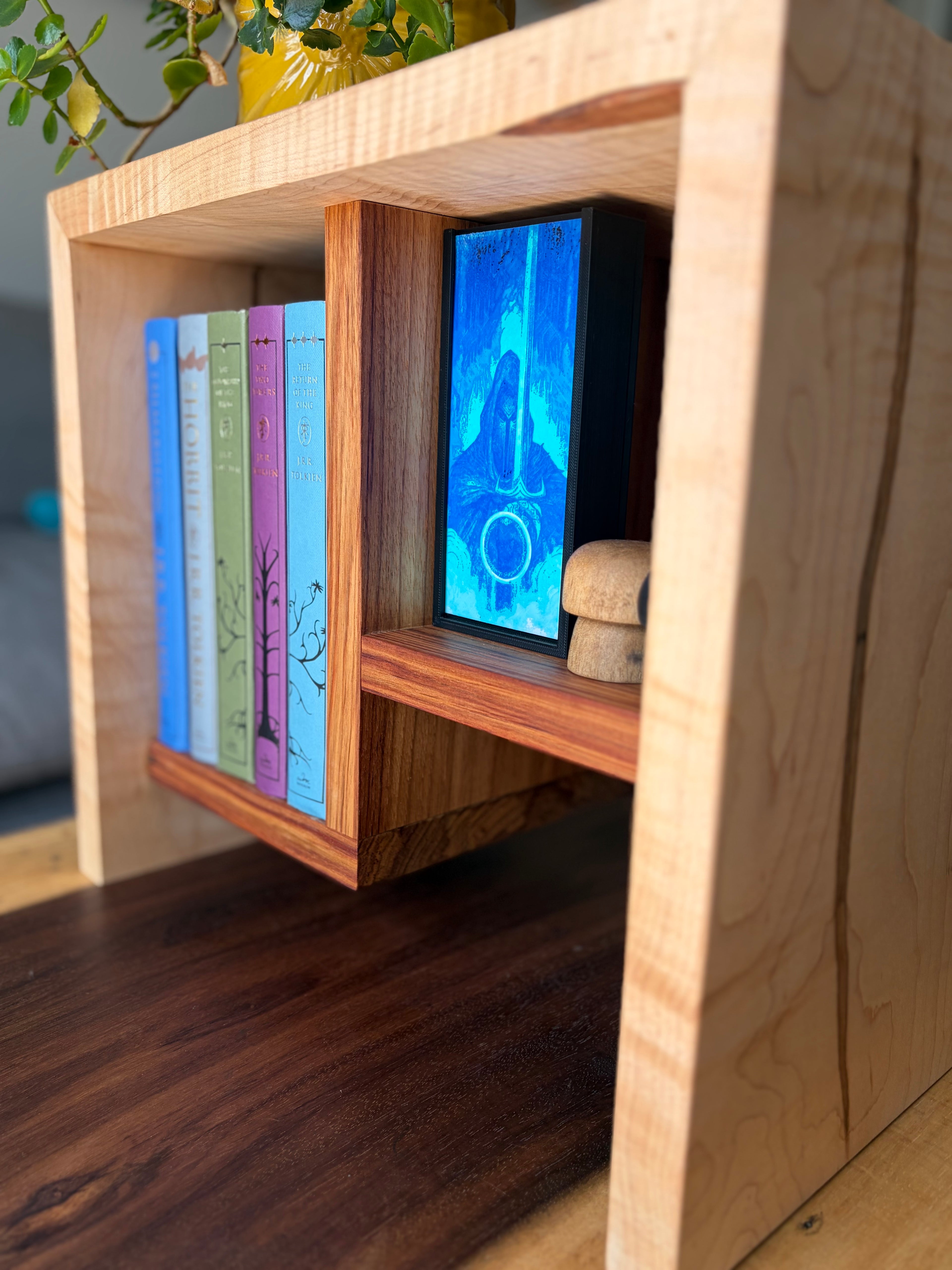 Handcrafted Curly Maple Book Stand with Canary Wood Shelf – One-of-a-Kind Display Stand
