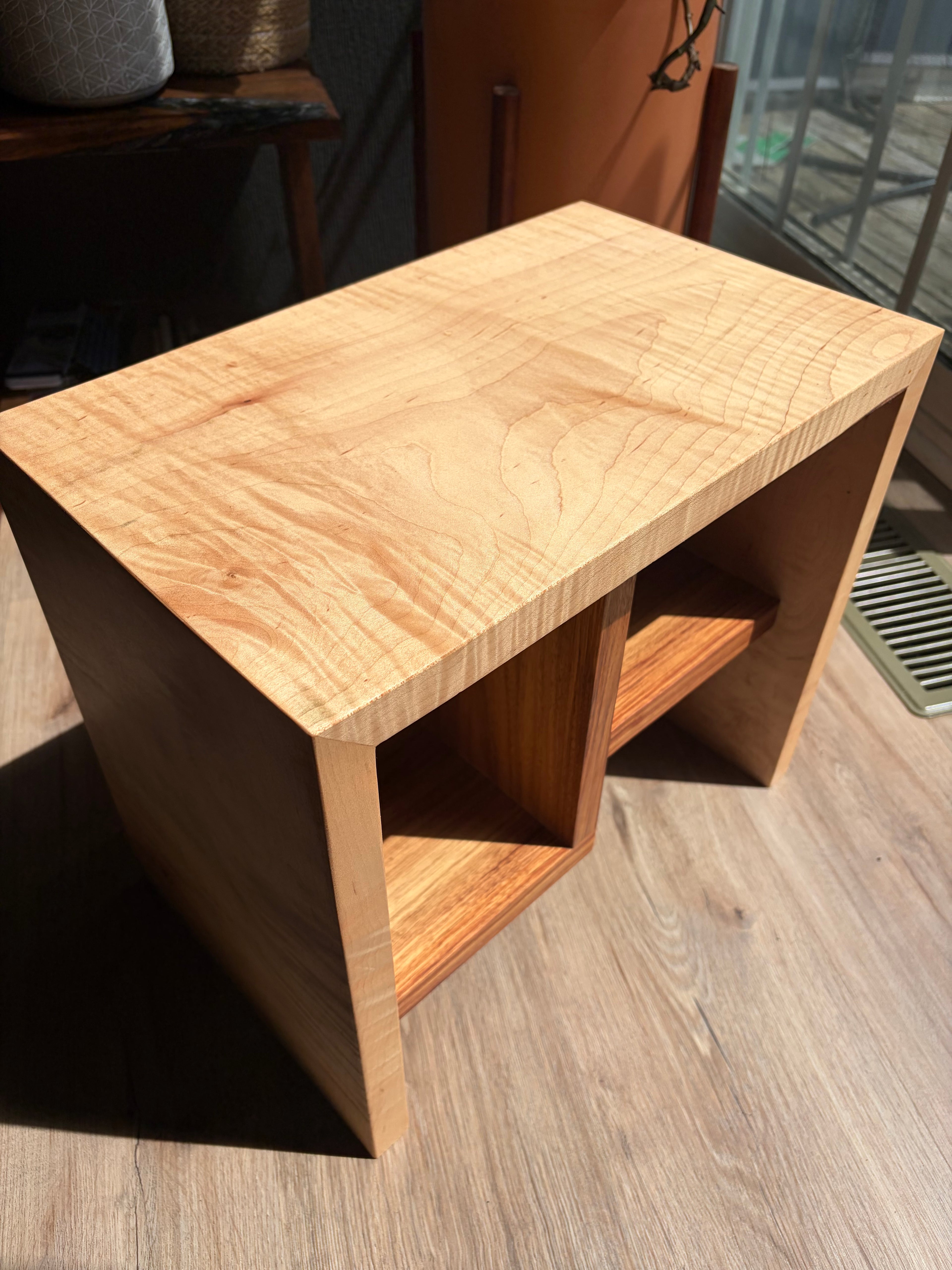 Handcrafted Curly Maple Book Stand with Canary Wood Shelf – One-of-a-Kind Display Stand