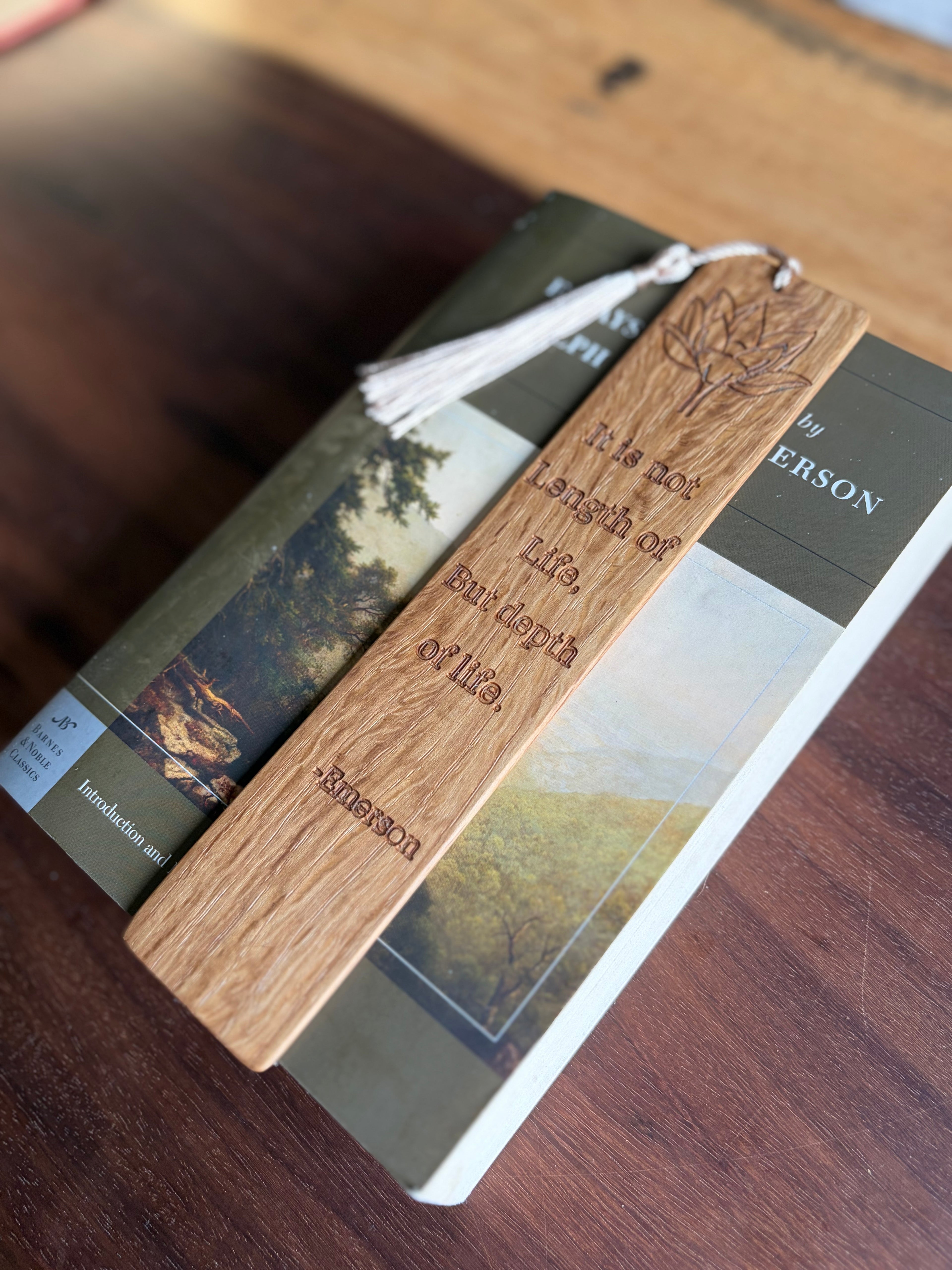 Handmade White Oak Bookmark | Emerson Quote with Lotus Flower