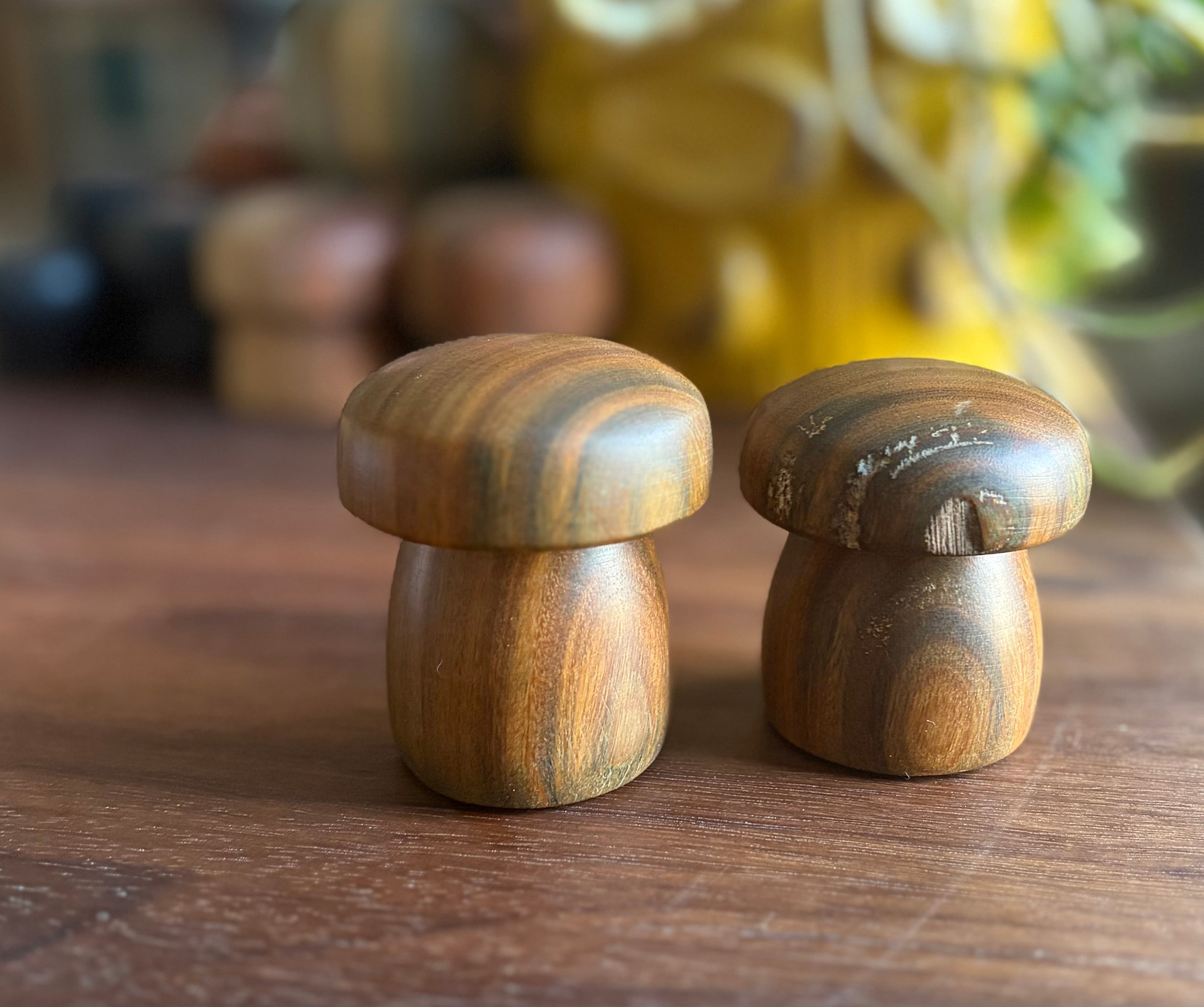 Handturned Lignum Vitae Wood Mushroom Set – Handmade Woodland Decor (Set of 2)