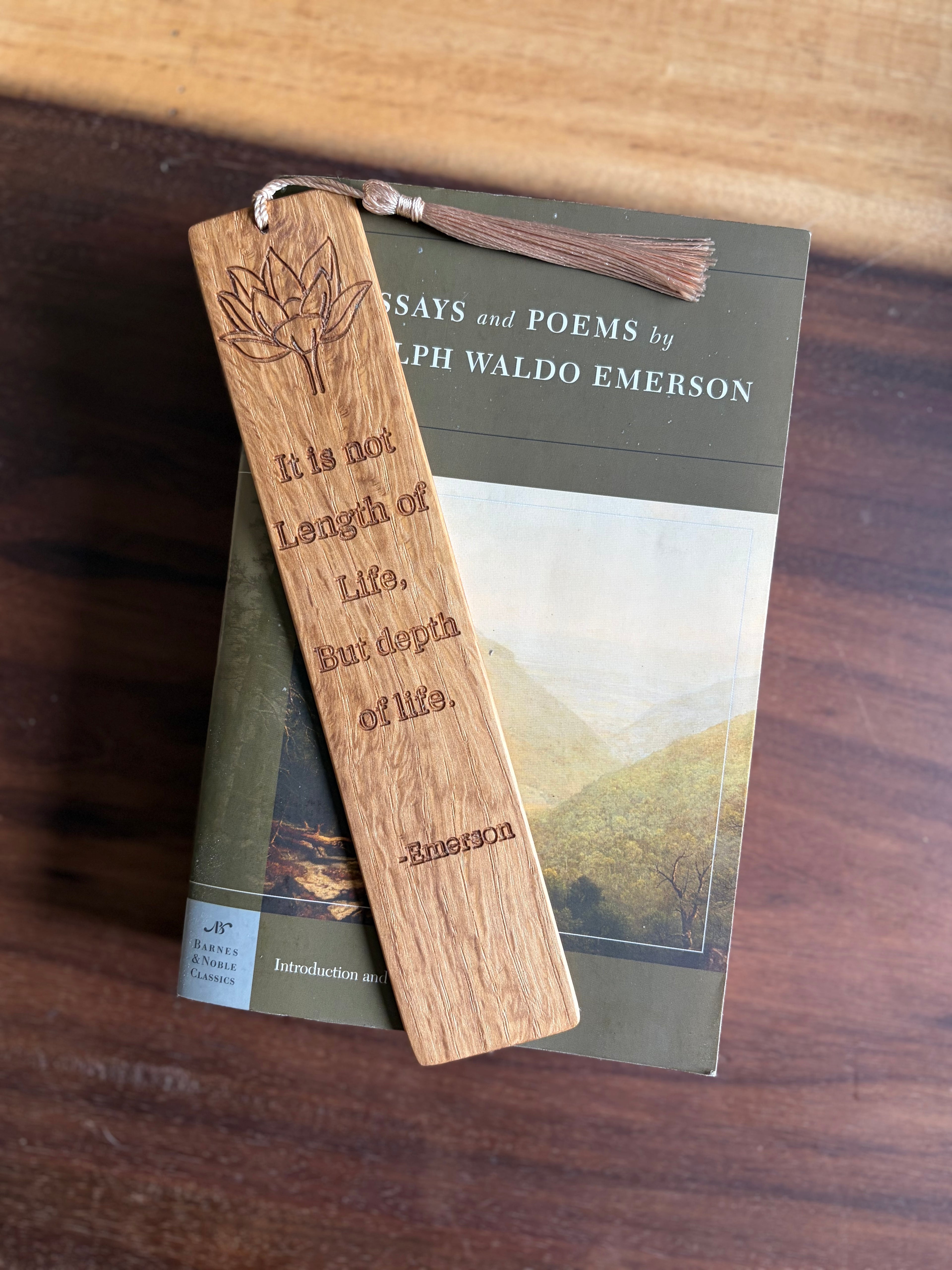 Handmade White Oak Bookmark | Emerson Quote with Lotus Flower