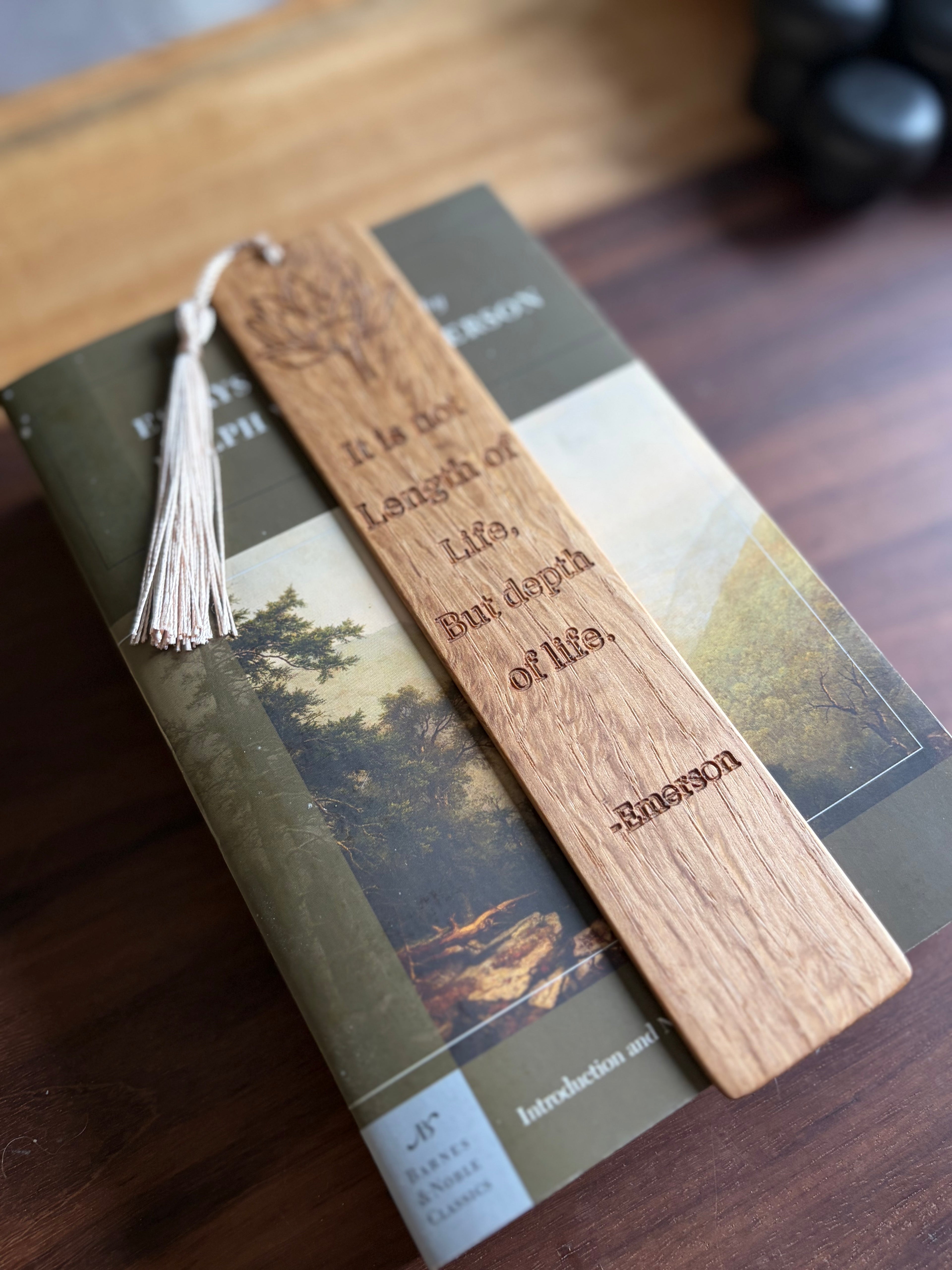 Handmade White Oak Bookmark | Emerson Quote with Lotus Flower