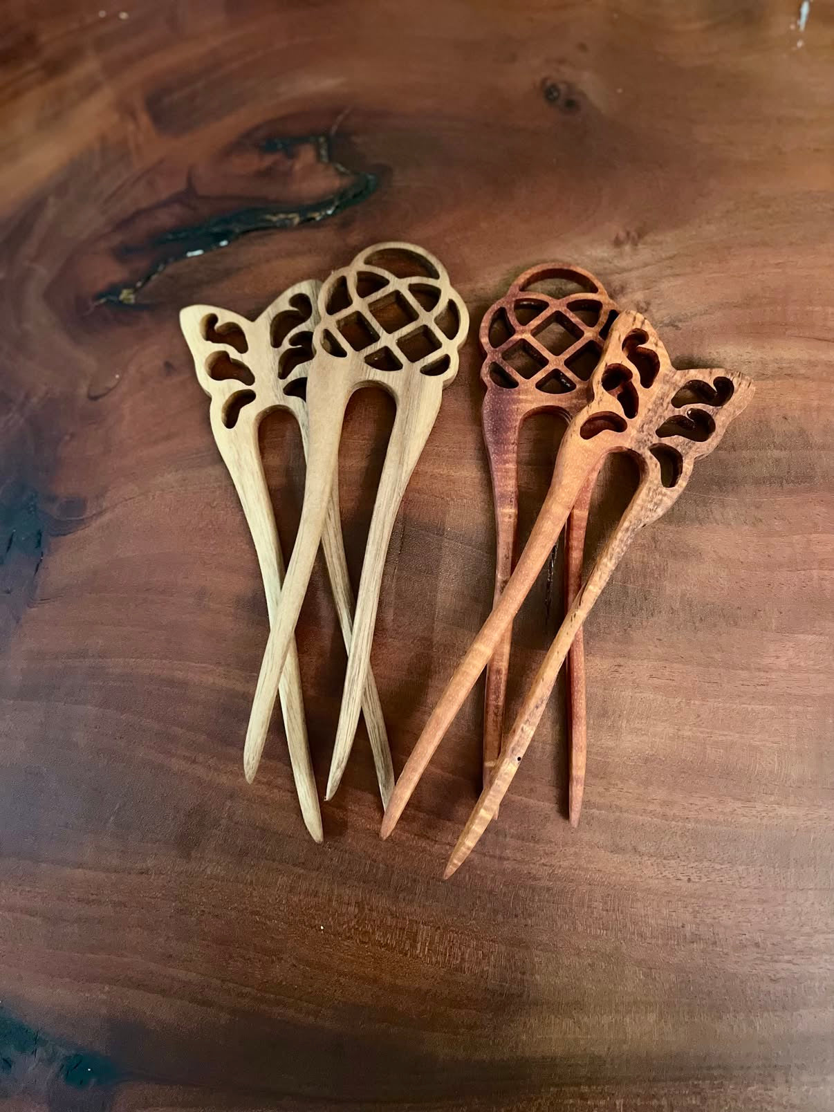 Handcrafted Hawaiian Koa Wood Hair Fork – Celtic Knot, Butterfly & Lorien Leaf Designs