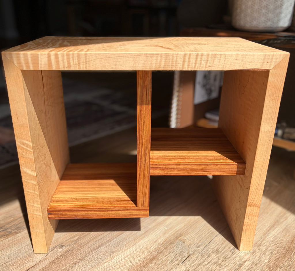 Handcrafted Curly Maple Book Stand with Canary Wood Shelf – One-of-a-Kind Display Stand