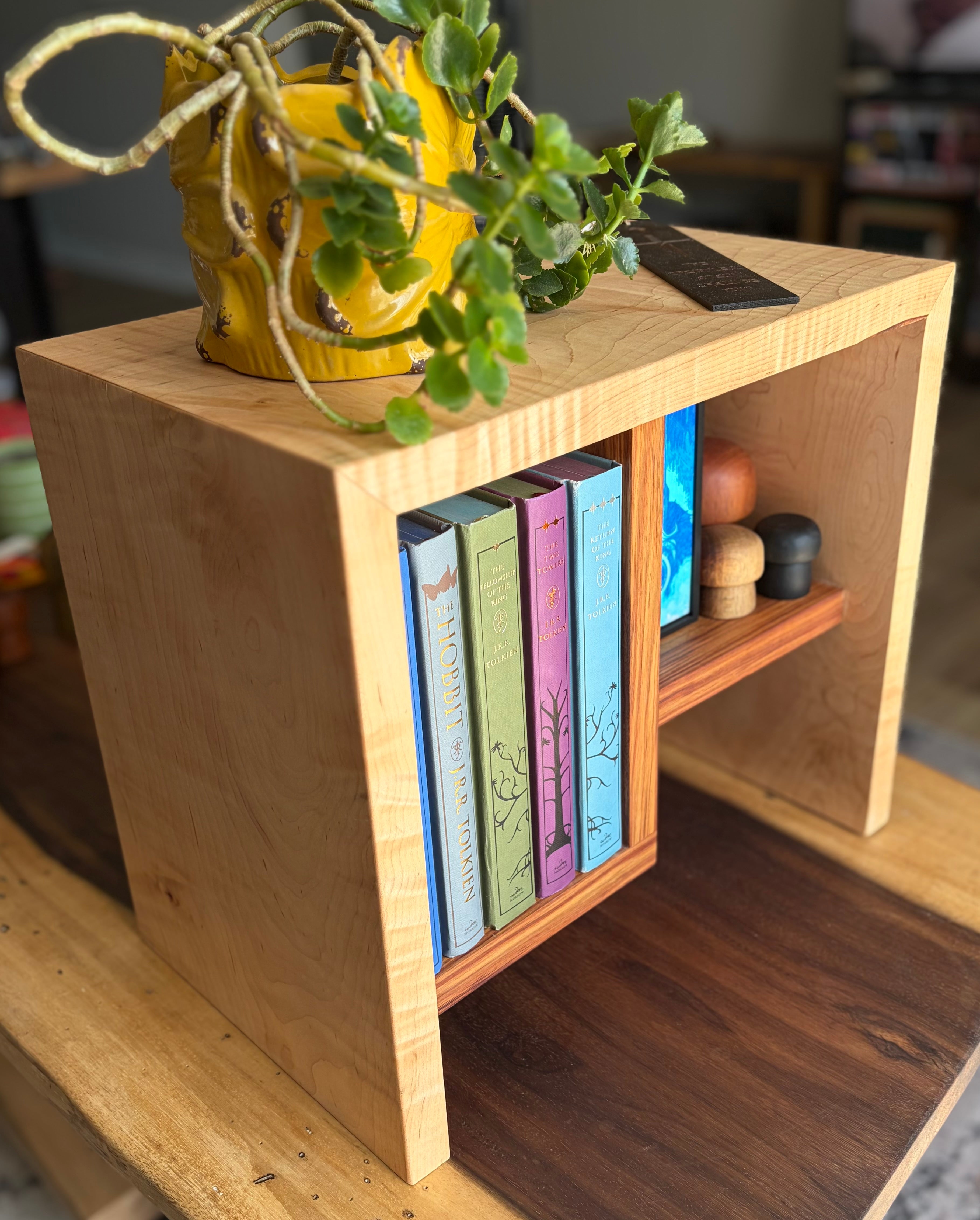 Handcrafted Curly Maple Book Stand with Canary Wood Shelf – One-of-a-Kind Display Stand