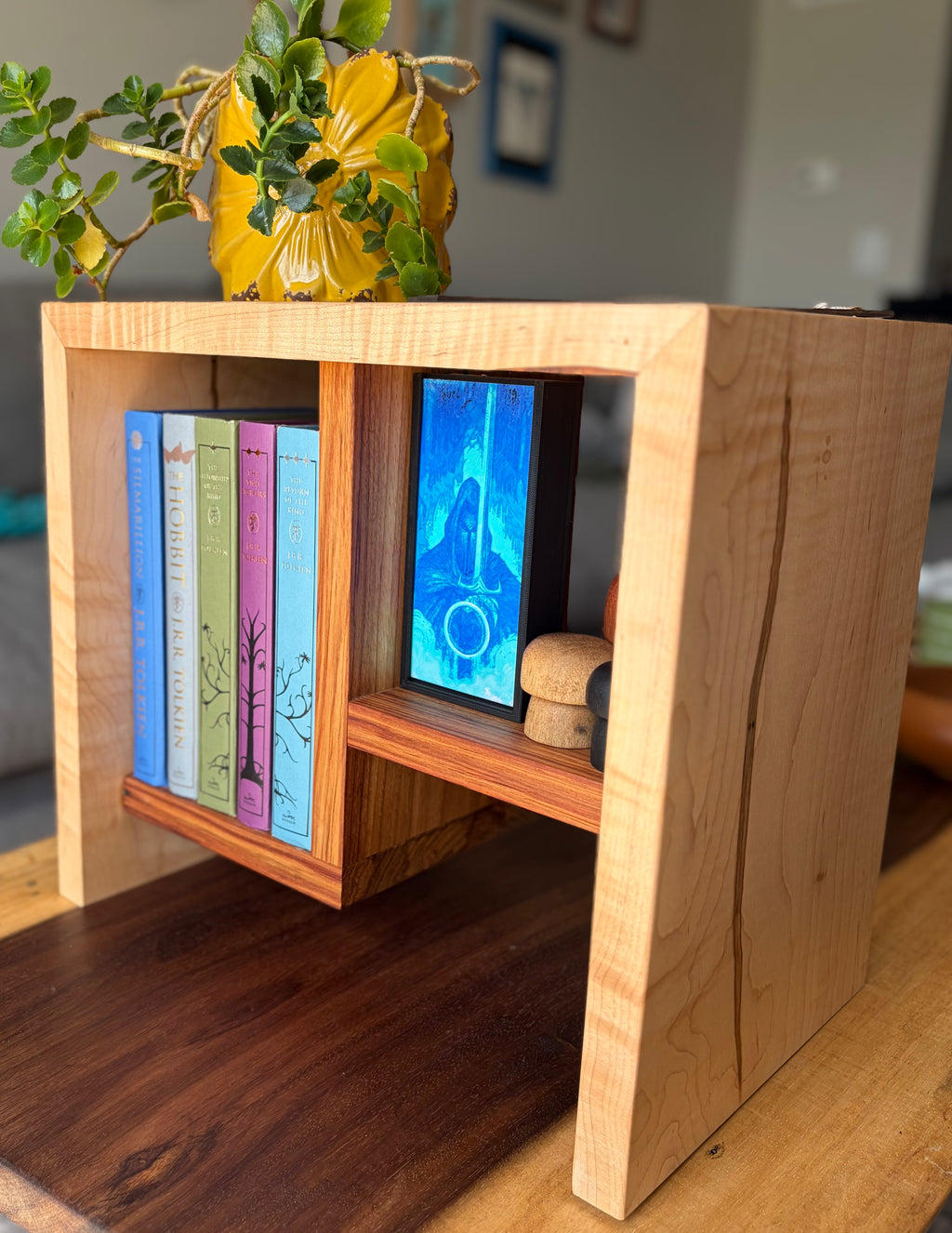 Handcrafted Curly Maple Book Stand with Canary Wood Shelf – One-of-a-Kind Display Stand