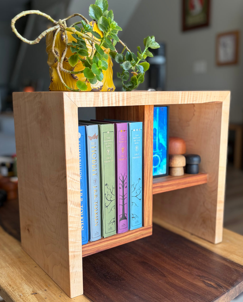 Handcrafted Curly Maple Book Stand with Canary Wood Shelf – One-of-a-Kind Display Stand
