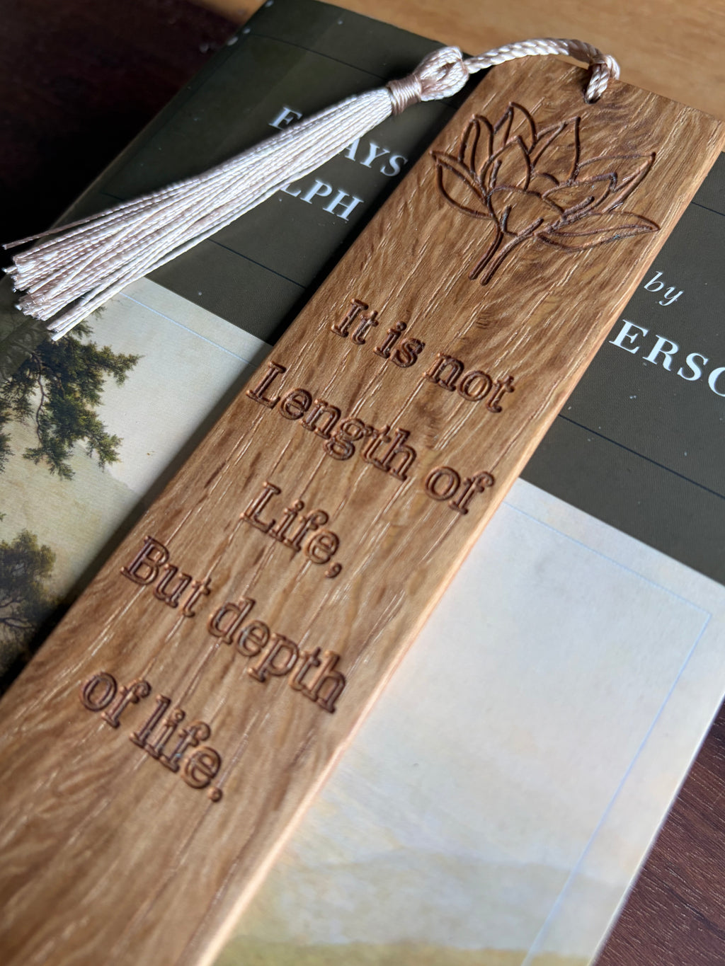 Handmade White Oak Bookmark | Emerson Quote with Lotus Flower