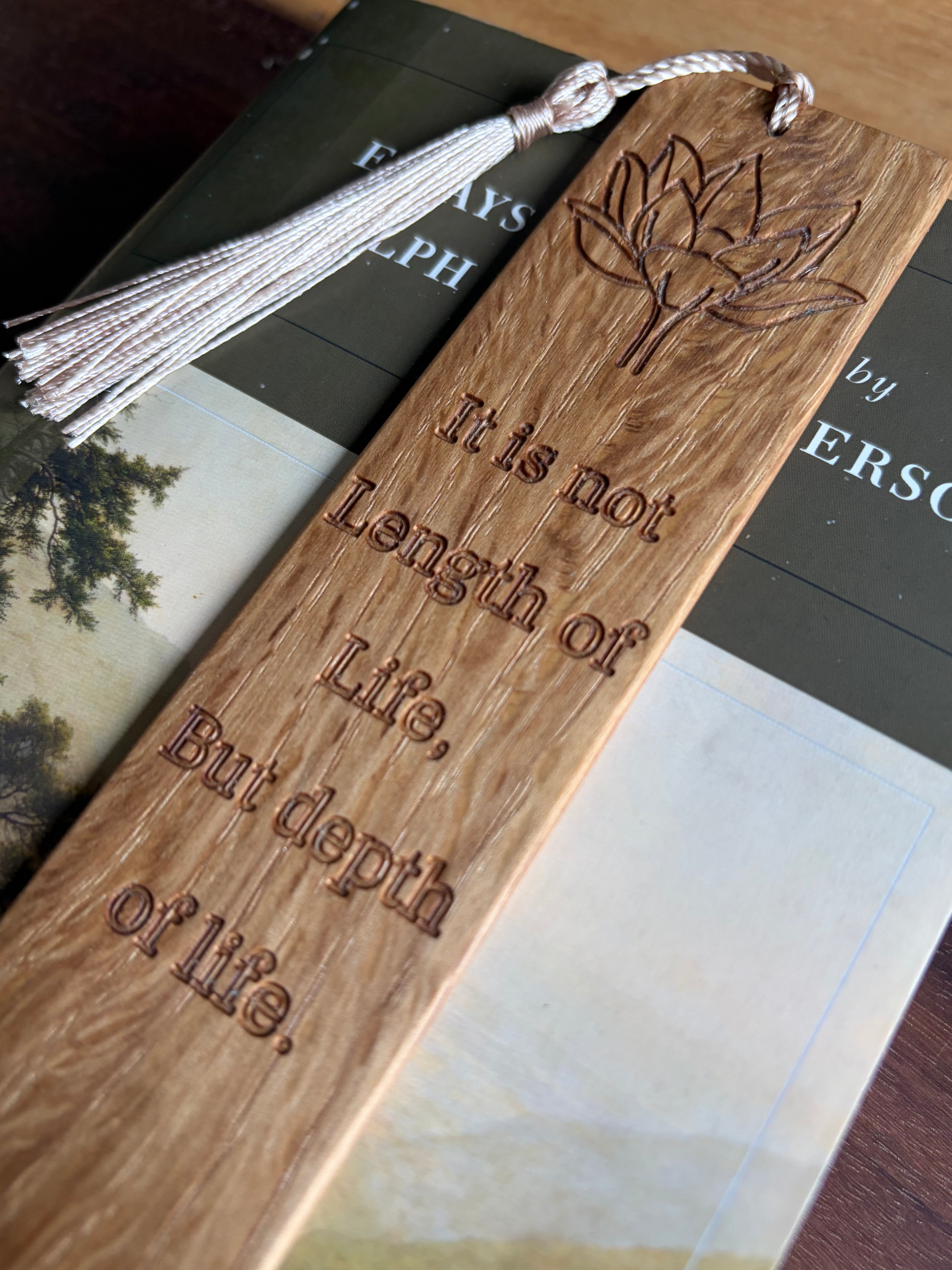 Handmade White Oak Bookmark | Emerson Quote with Lotus Flower