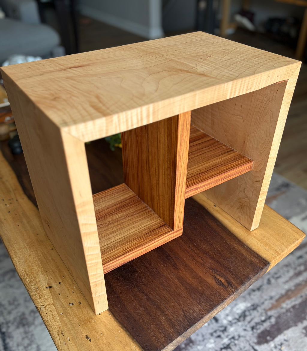 Handcrafted Curly Maple Book Stand with Canary Wood Shelf – One-of-a-Kind Display Stand