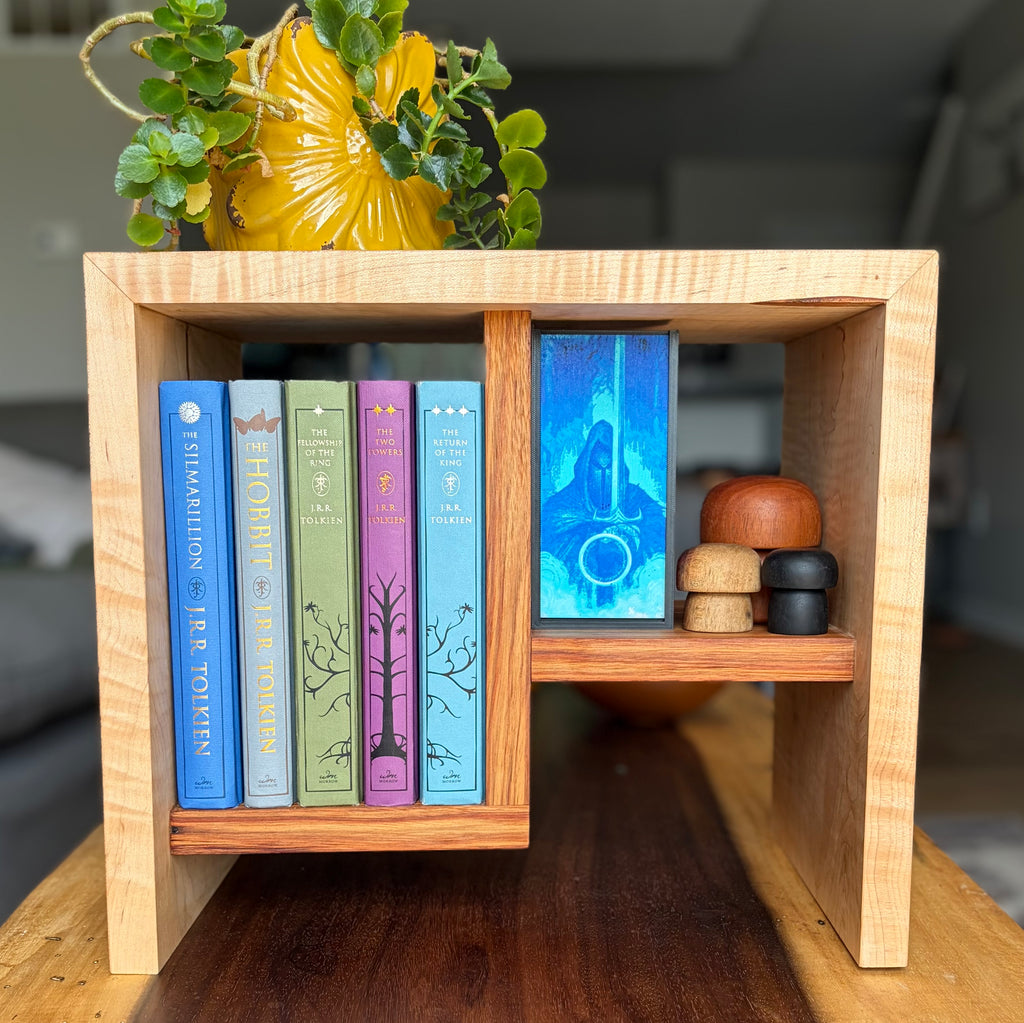 Handcrafted Curly Maple Book Stand with Canary Wood Shelf – One-of-a-Kind Display Stand