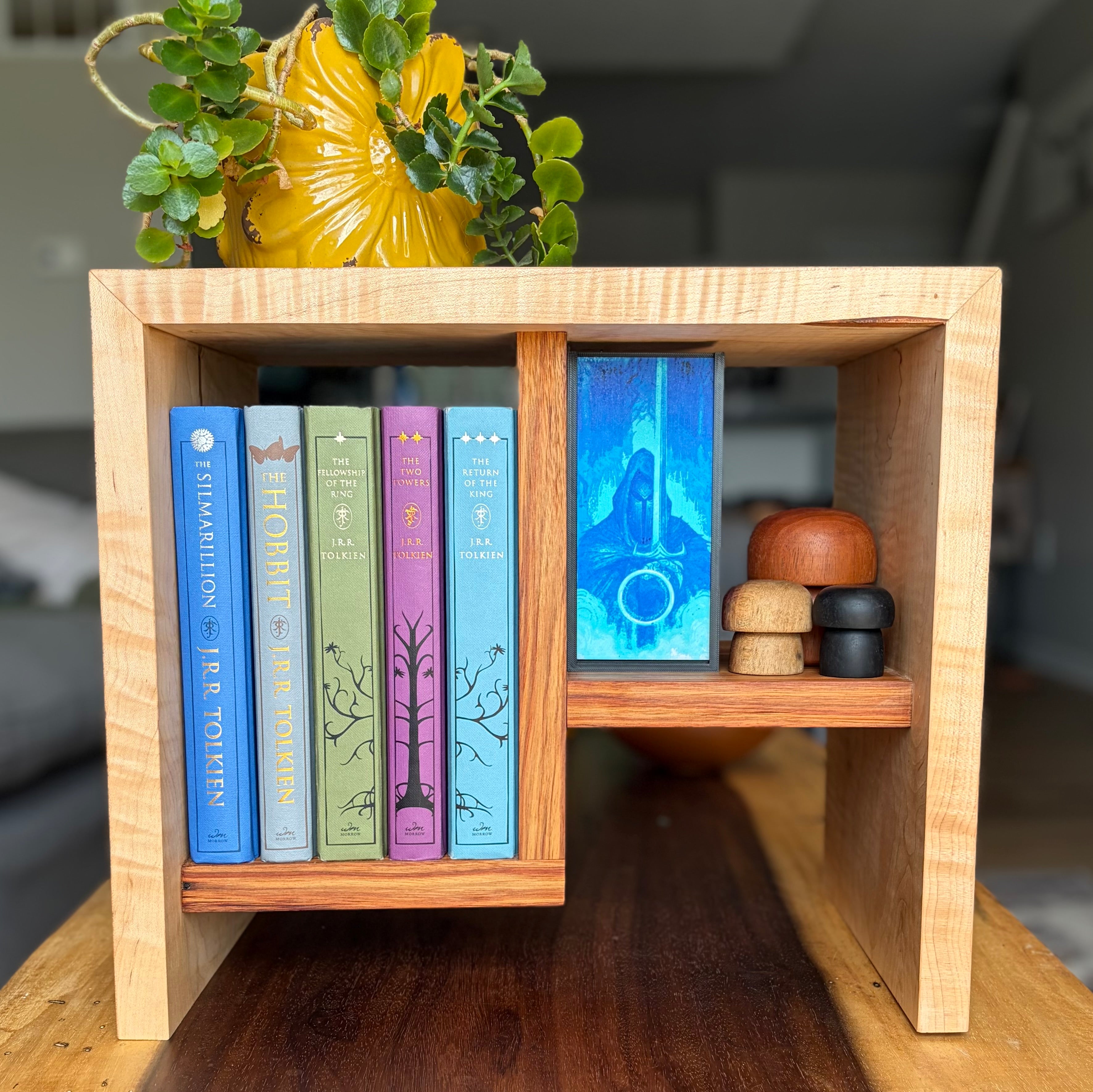 Handcrafted Curly Maple Book Stand with Canary Wood Shelf – One-of-a-Kind Display Stand