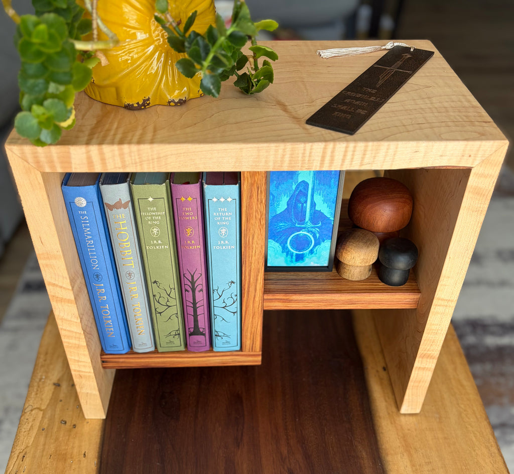 Handcrafted Curly Maple Book Stand with Canary Wood Shelf – One-of-a-Kind Display Stand