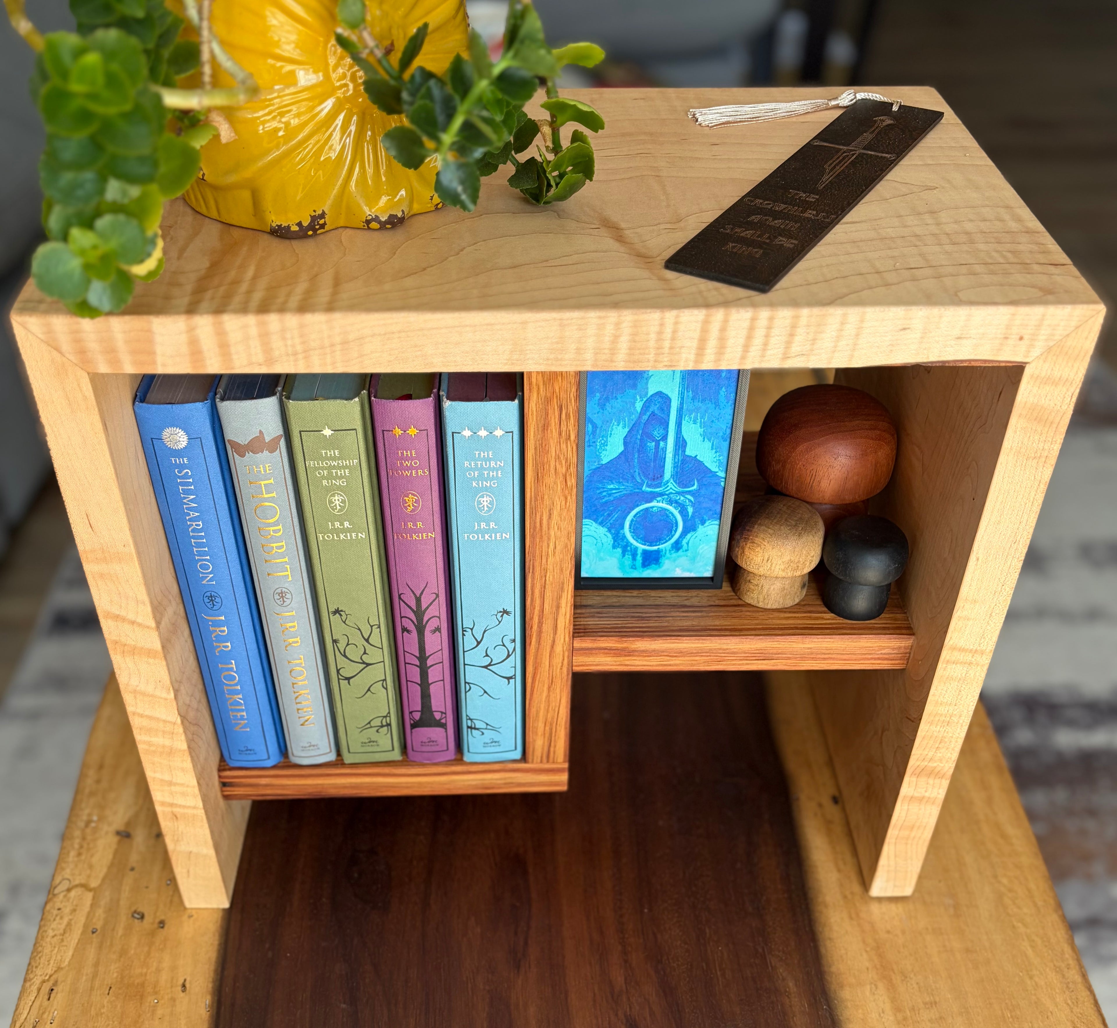 Handcrafted Curly Maple Book Stand with Canary Wood Shelf – One-of-a-Kind Display Stand