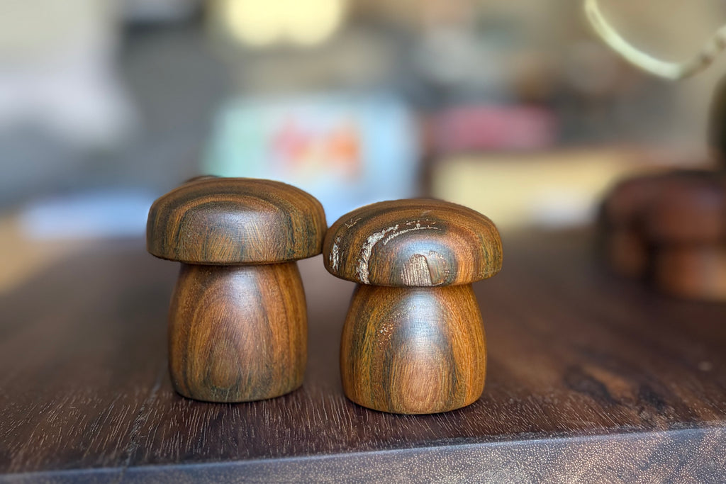 Handturned Lignum Vitae Wood Mushroom Set – Handmade Woodland Decor (Set of 2)