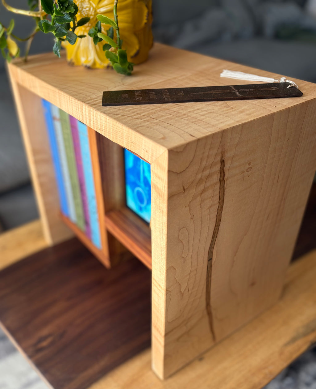Handcrafted Curly Maple Book Stand with Canary Wood Shelf – One-of-a-Kind Display Stand