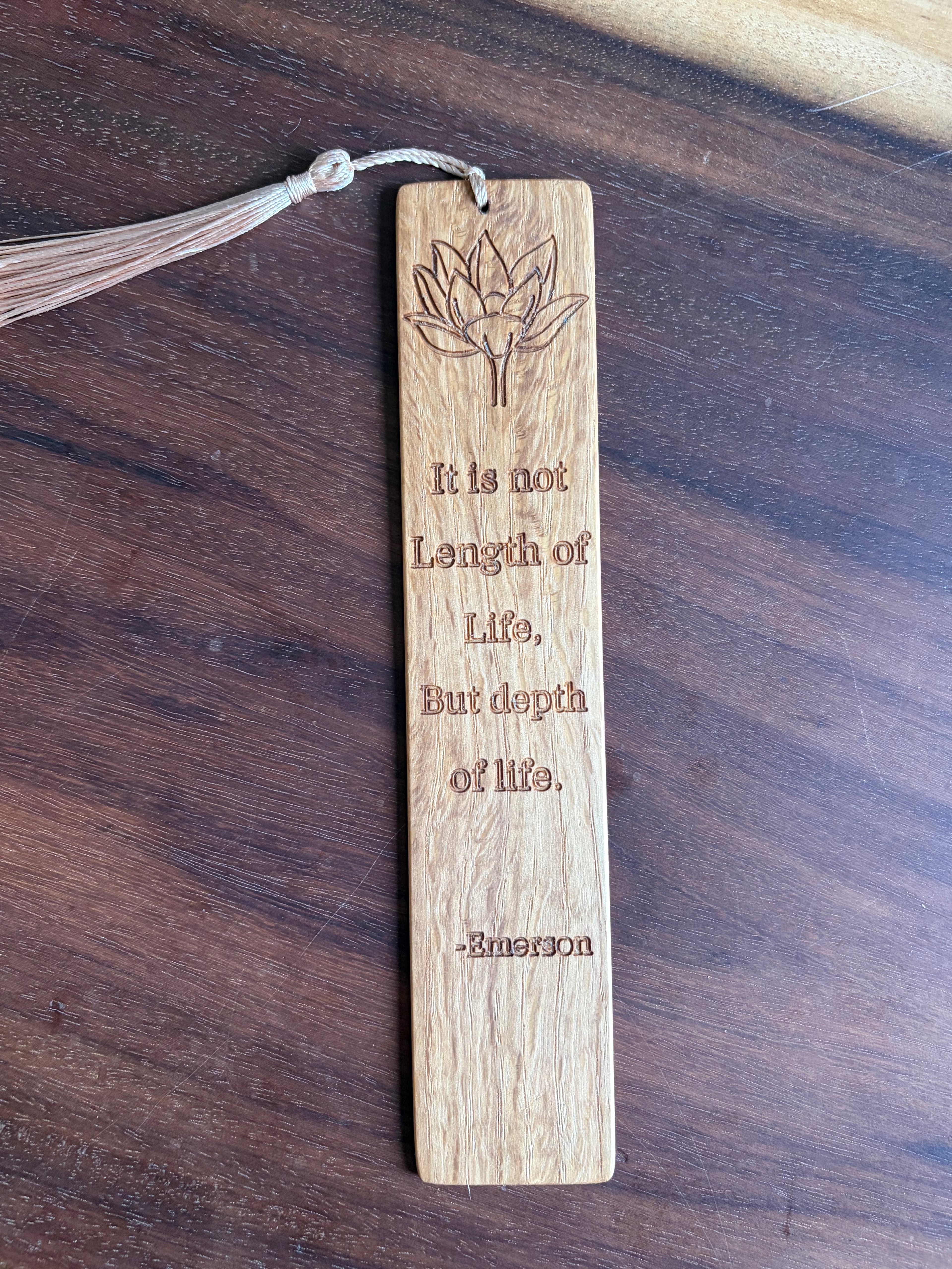 Handmade White Oak Bookmark | Emerson Quote with Lotus Flower