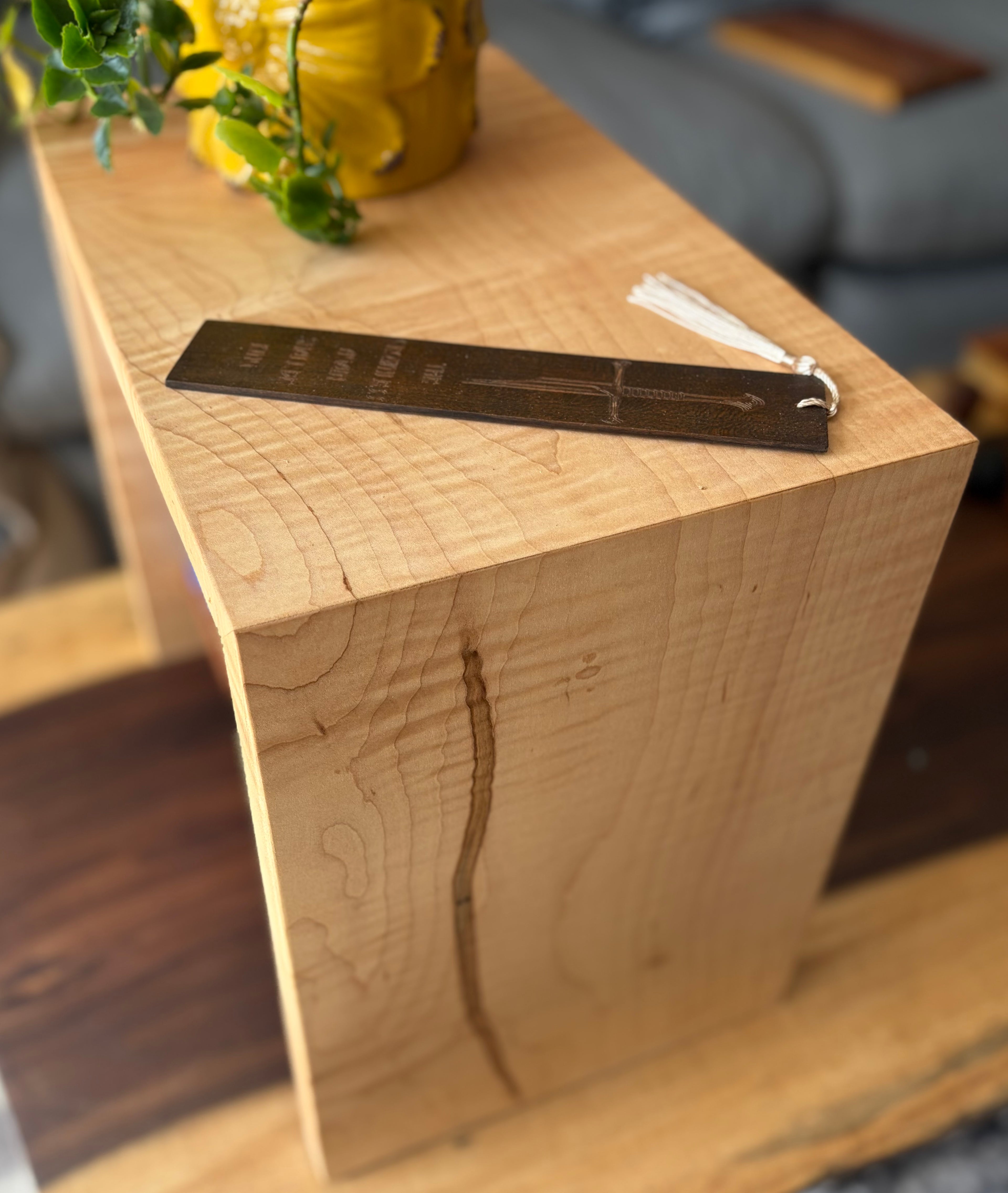 Handcrafted Curly Maple Book Stand with Canary Wood Shelf – One-of-a-Kind Display Stand