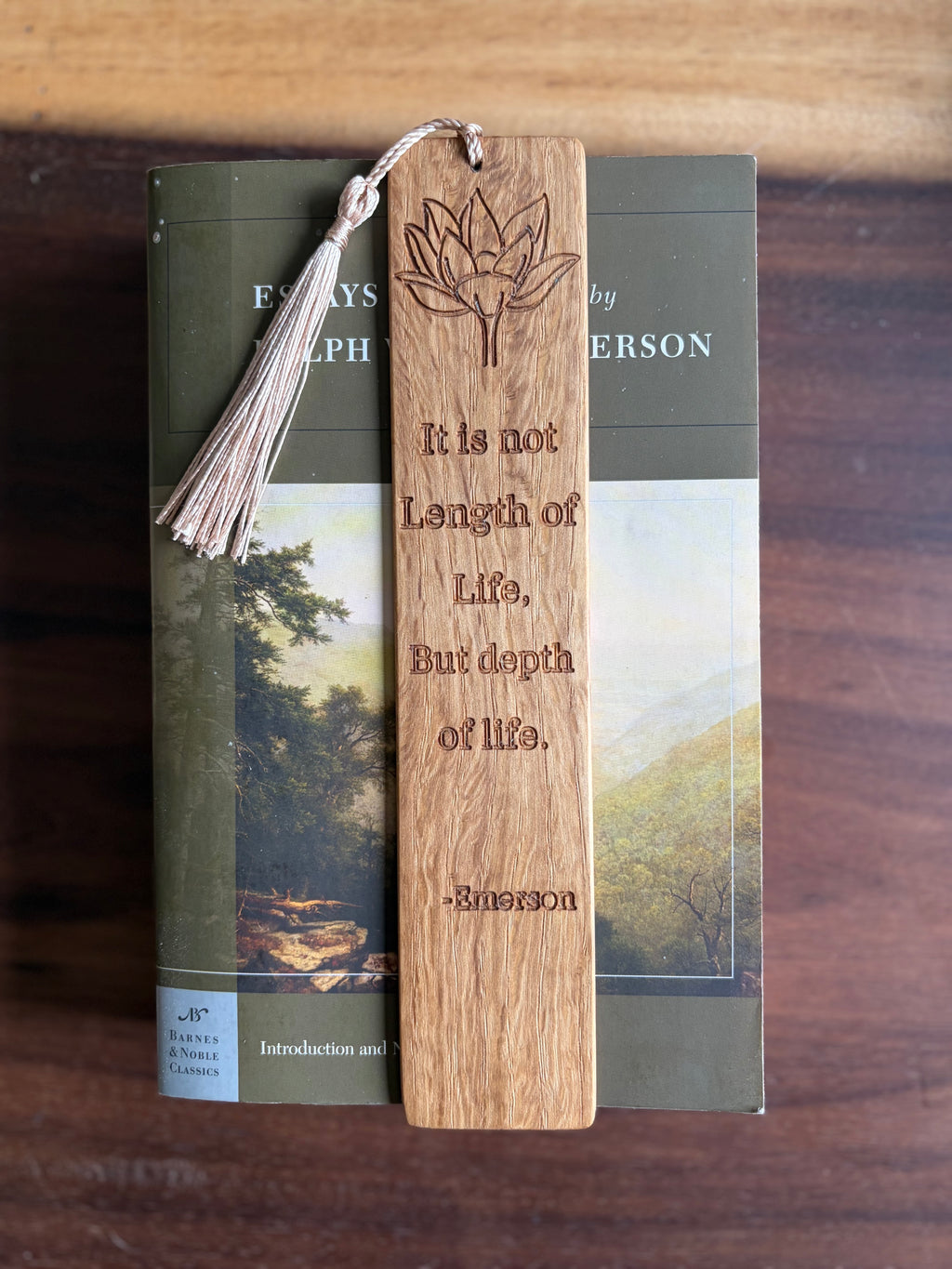 Handmade White Oak Bookmark | Emerson Quote with Lotus Flower