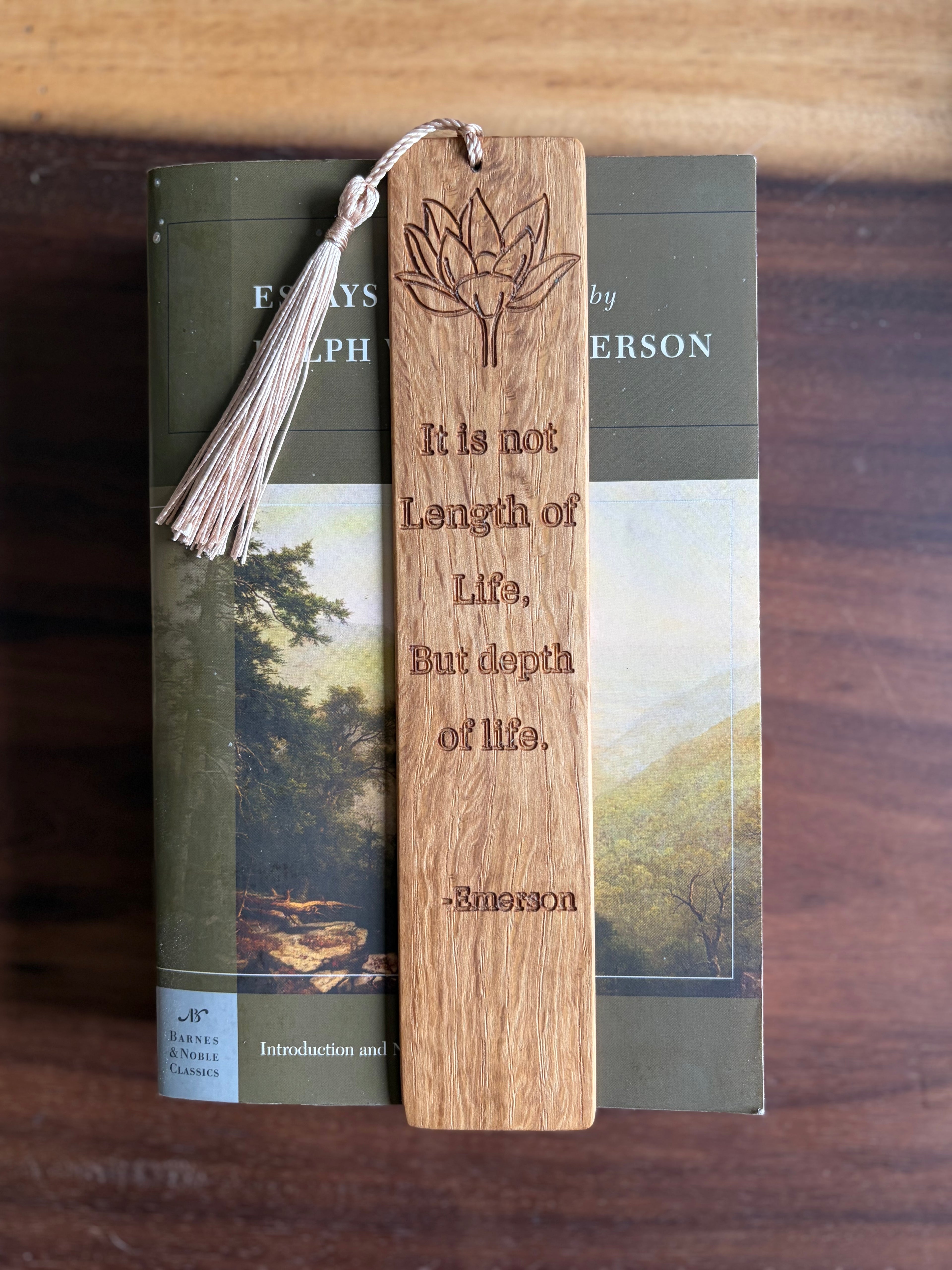 Handmade White Oak Bookmark | Emerson Quote with Lotus Flower