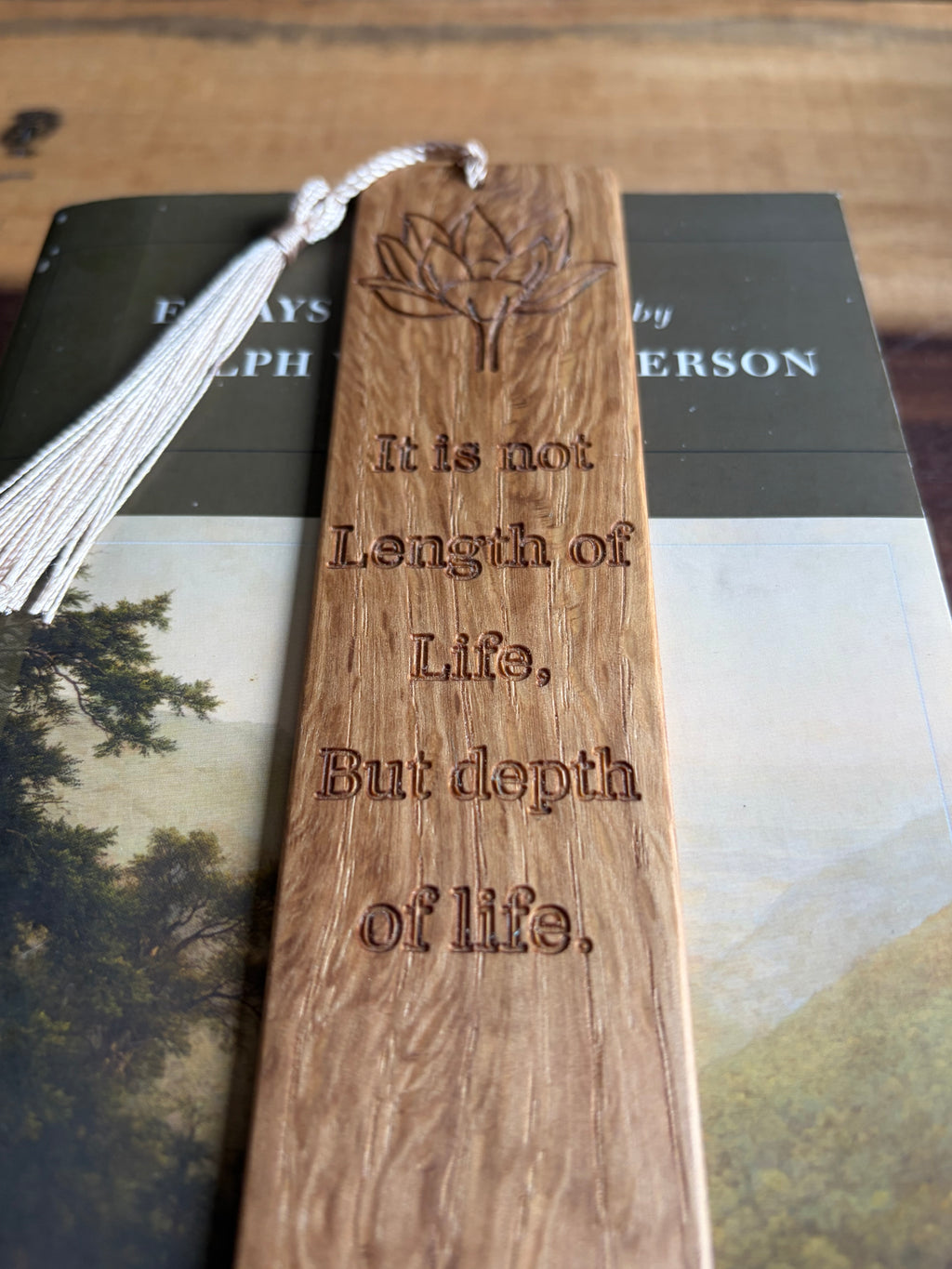 Handmade White Oak Bookmark | Emerson Quote with Lotus Flower
