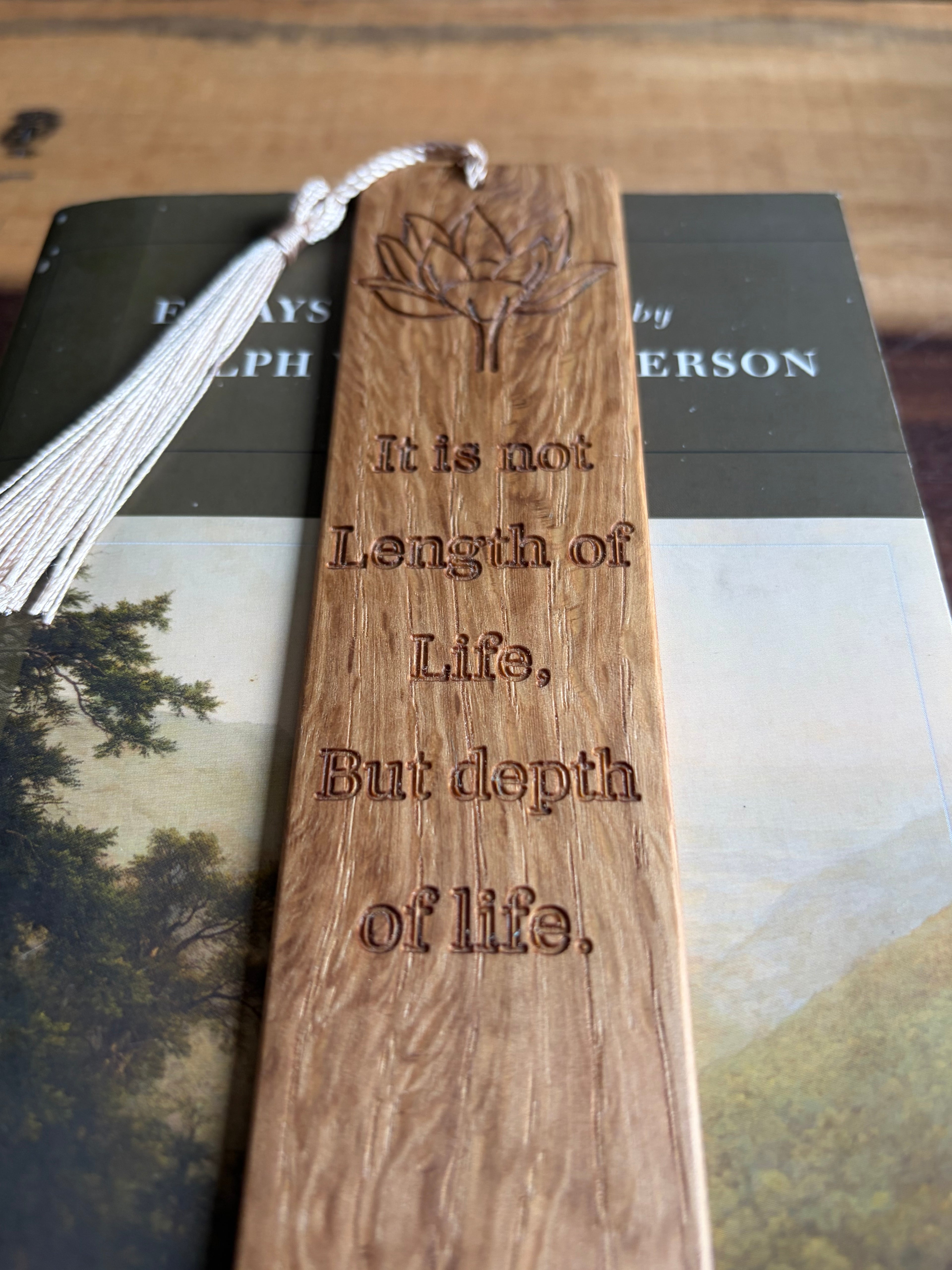 Handmade White Oak Bookmark | Emerson Quote with Lotus Flower