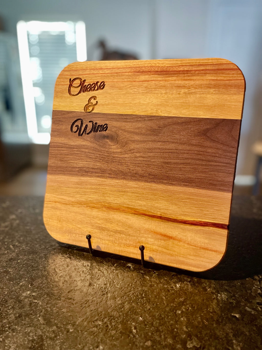 Handmade Canary and Walnut Serving Board – 'Cheese & Wine' Engraved Board
