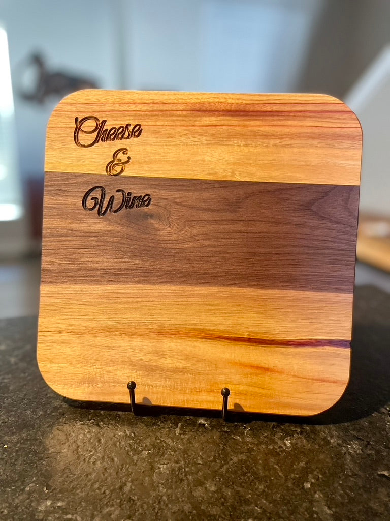 Handmade Canary and Walnut Serving Board – 'Cheese & Wine' Engraved Board