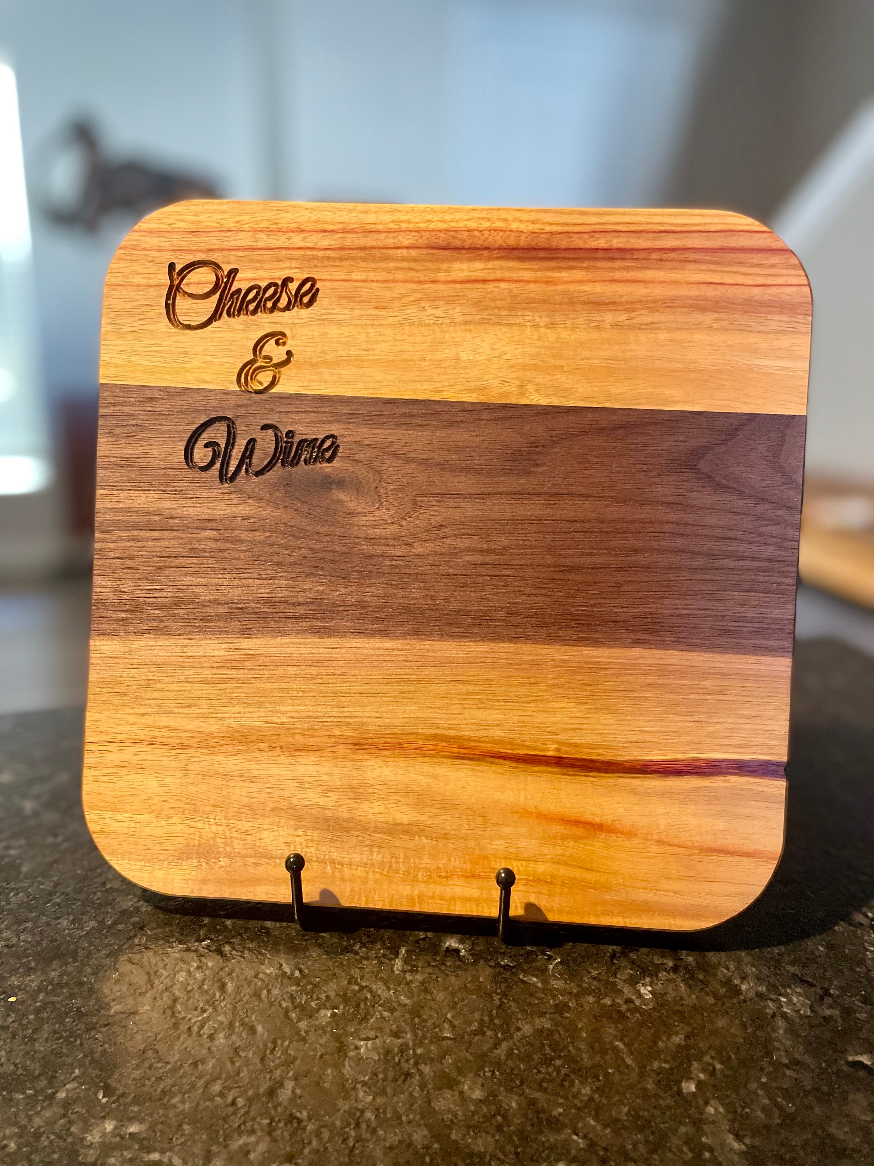 Handmade Canary and Walnut Serving Board – 'Cheese & Wine' Engraved Board