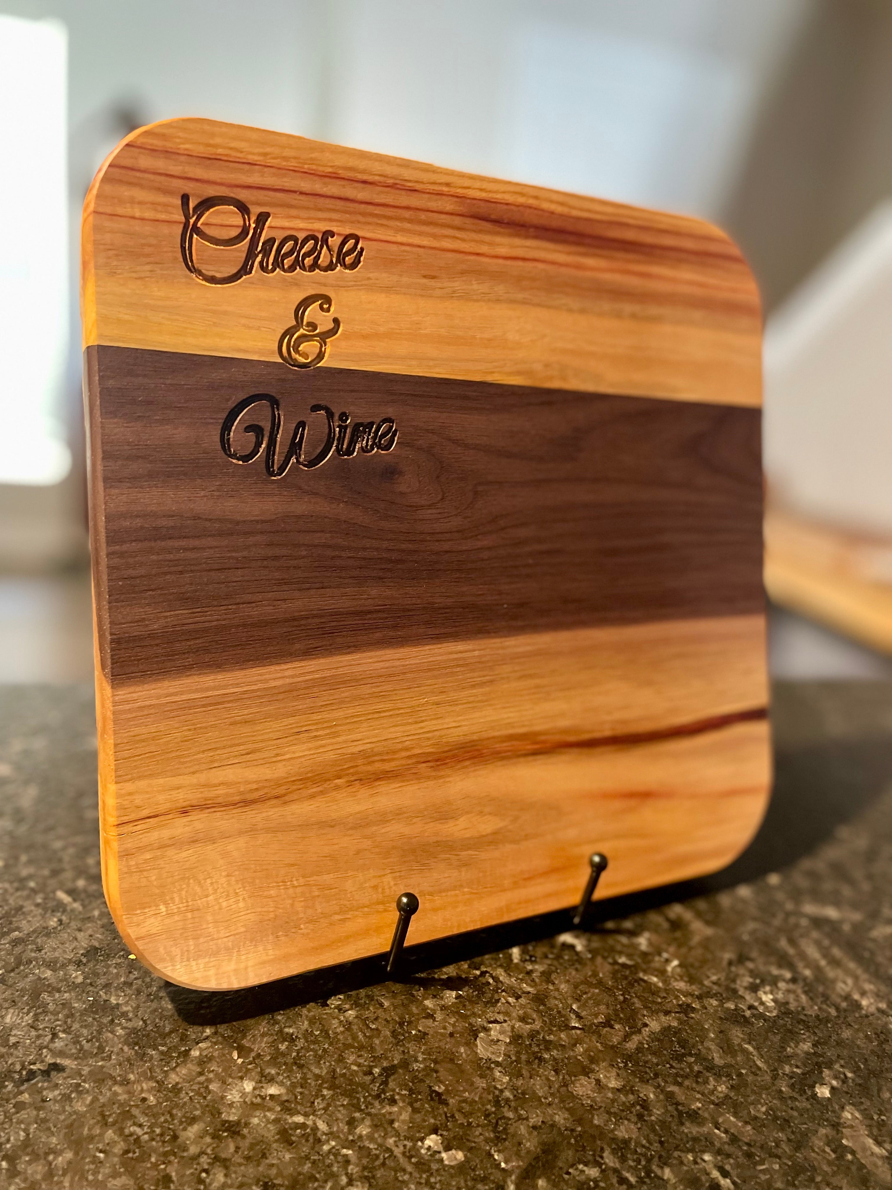 Handmade Canary and Walnut Serving Board – 'Cheese & Wine' Engraved Board
