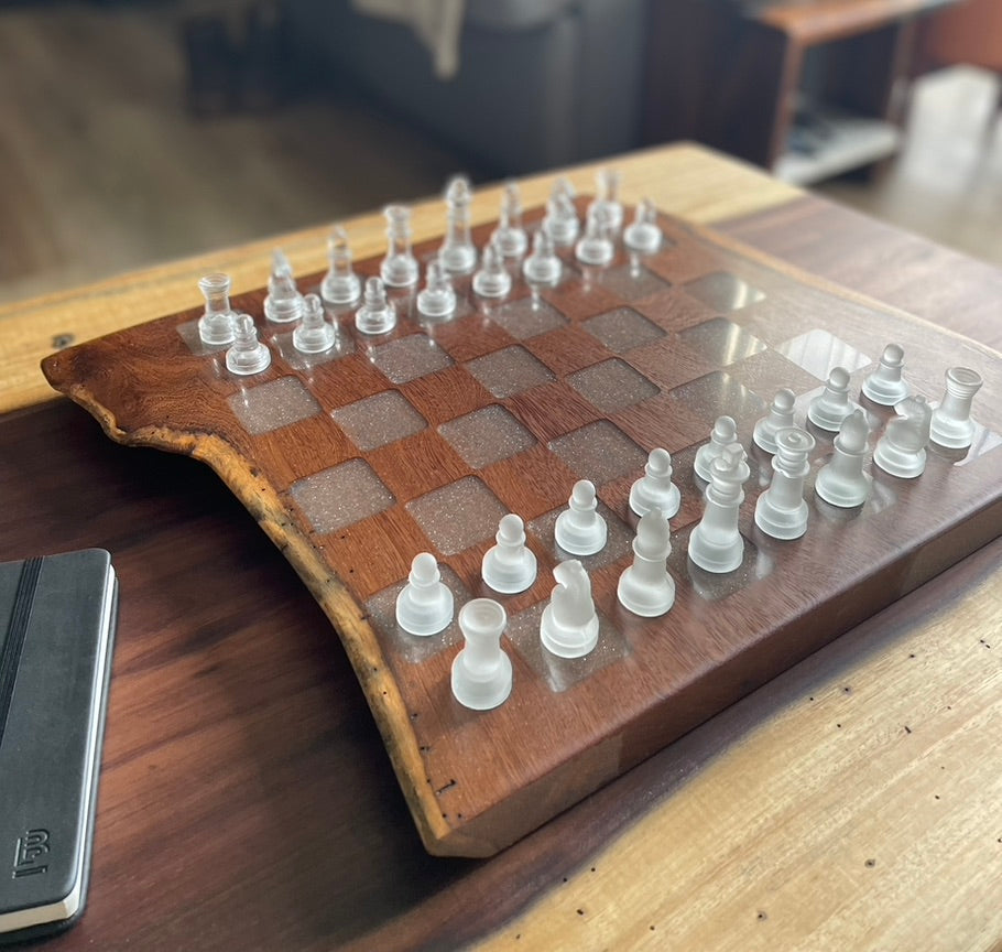Unique Handmade Cocobolo Wood Epoxy Chessboard - Exotic Game Room Decor