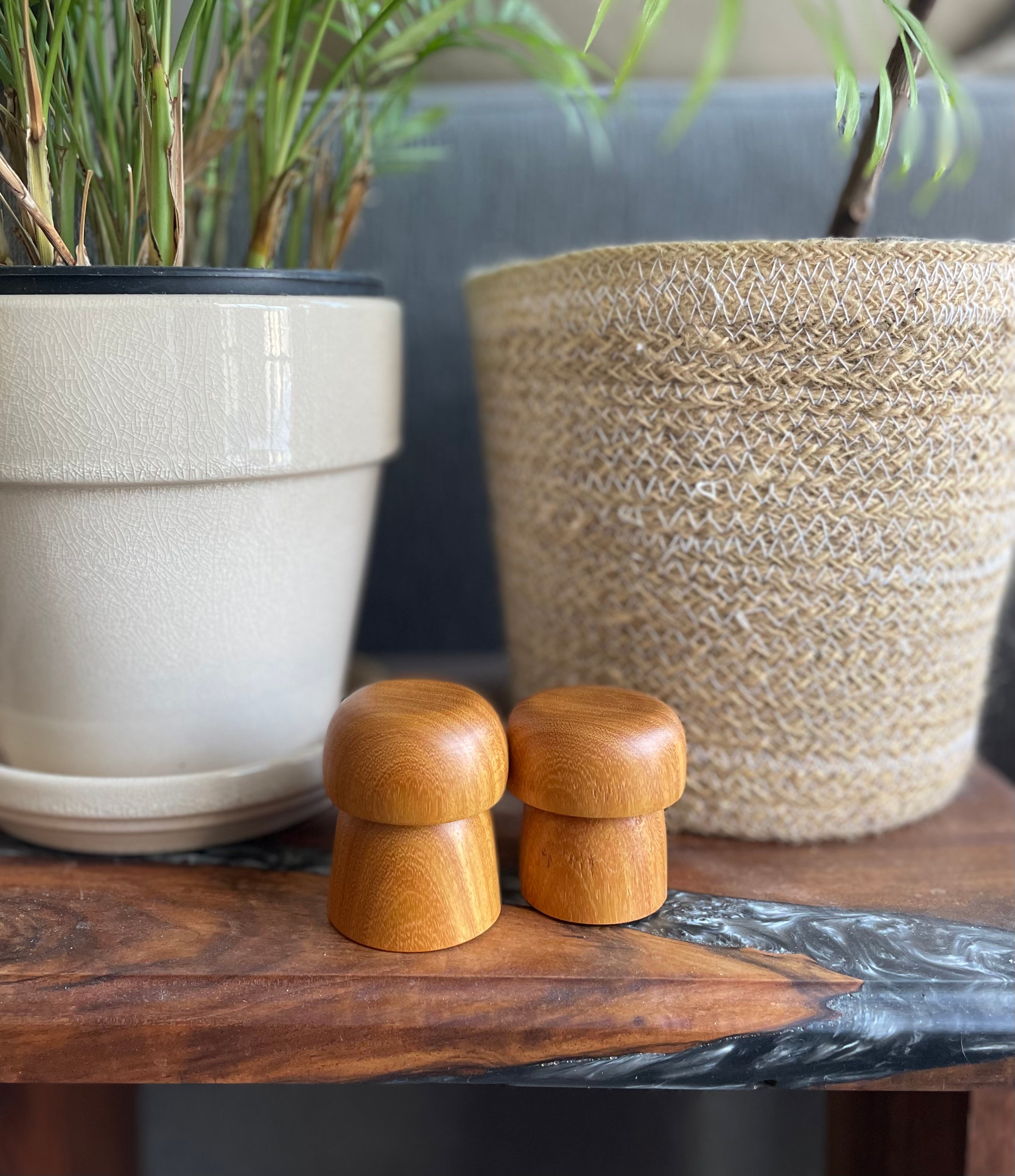 Hand Turned Osage Orange Wooden Mushrooms - Set of 2 | Small Wood Decor | Minimal Nature Decor
