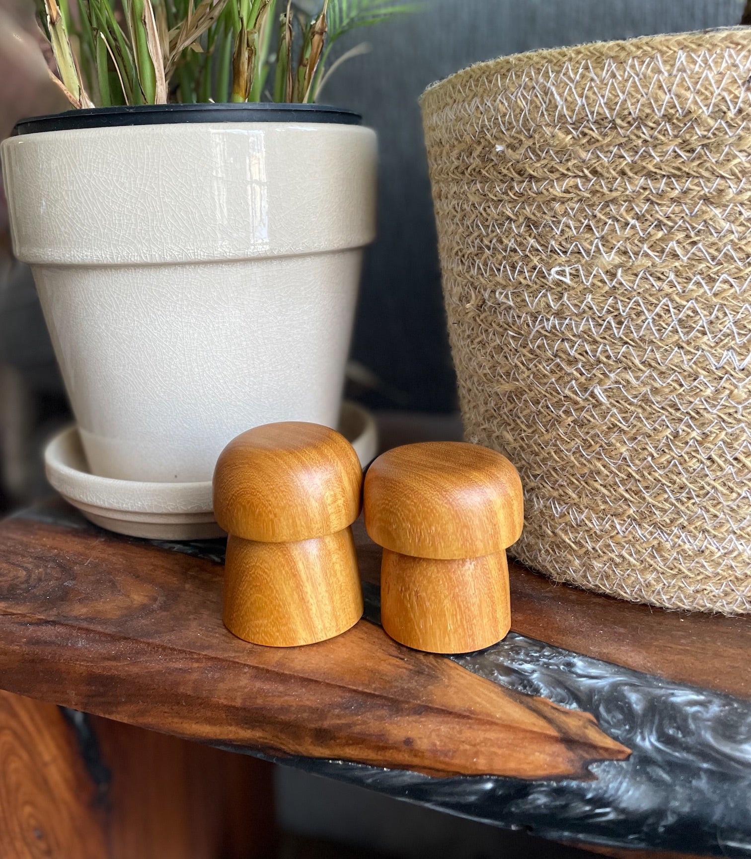 Hand Turned Osage Orange Wooden Mushrooms - Set of 2 | Small Wood Decor | Minimal Nature Decor