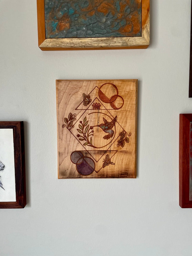 Hand-crafted Curly Maple Wall Art – Hummingbird Geometric Nature Wood Panel