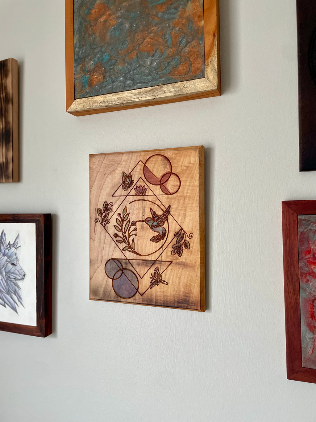 Hand-crafted Curly Maple Wall Art – Hummingbird Geometric Nature Wood Panel
