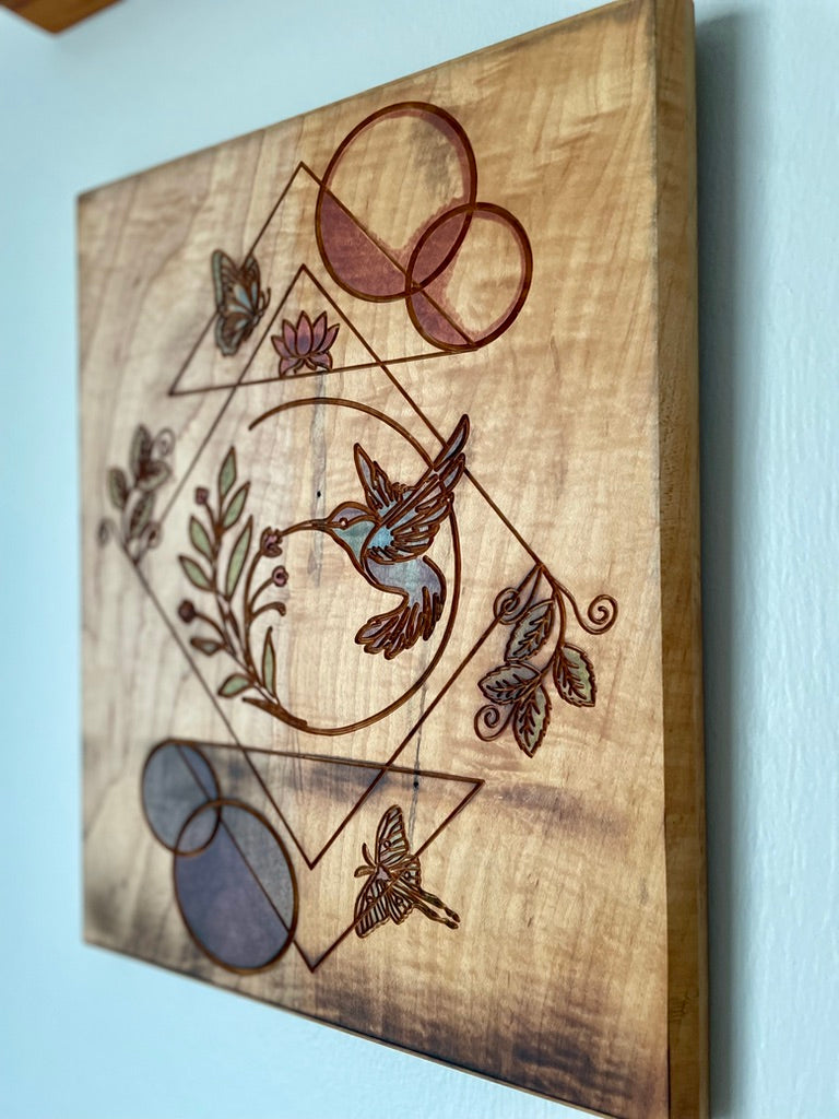 Hand-crafted Curly Maple Wall Art – Hummingbird Geometric Nature Wood Panel