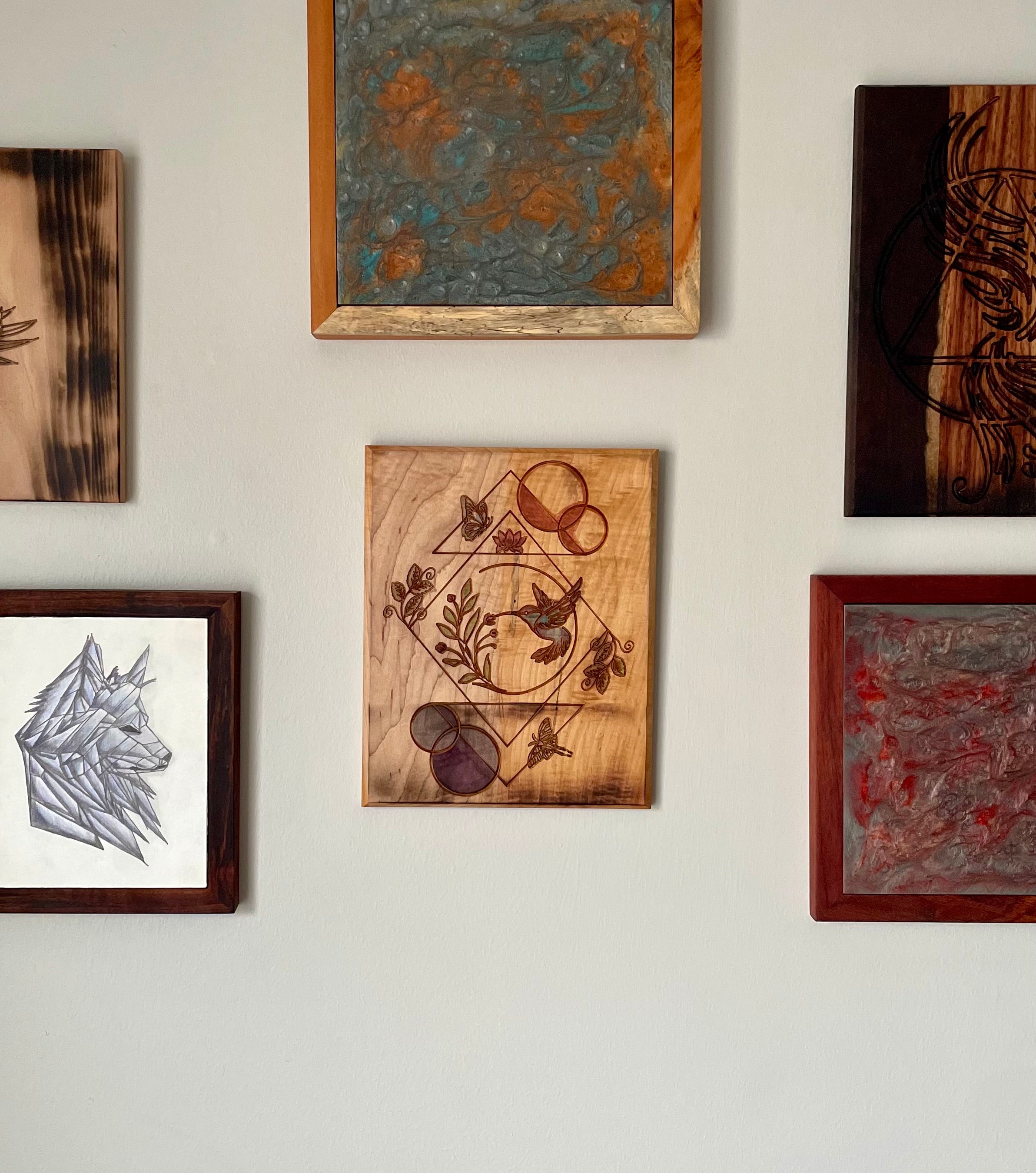 Hand-crafted Curly Maple Wall Art – Hummingbird Geometric Nature Wood Panel