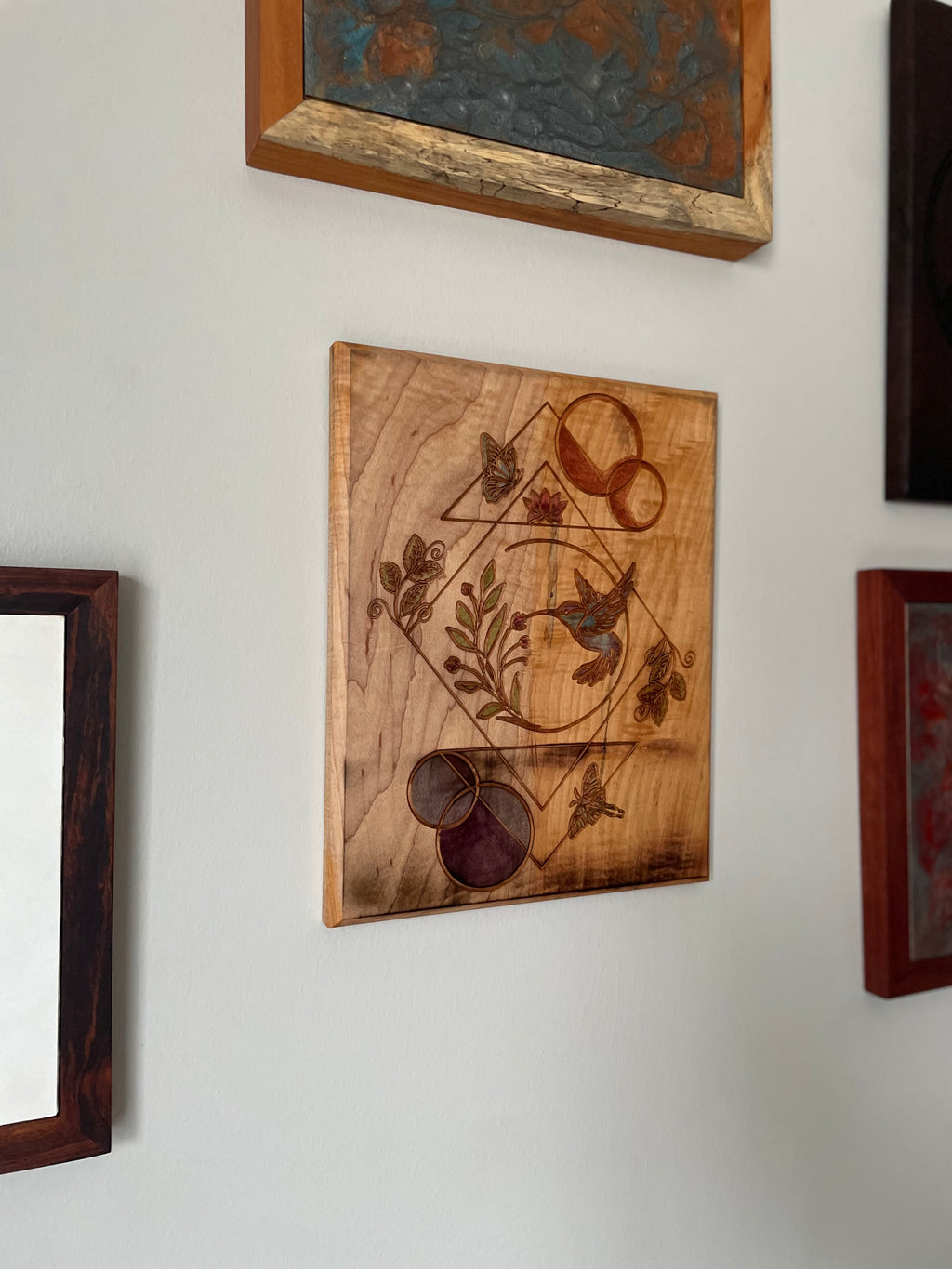 Hand-crafted Curly Maple Wall Art – Hummingbird Geometric Nature Wood Panel