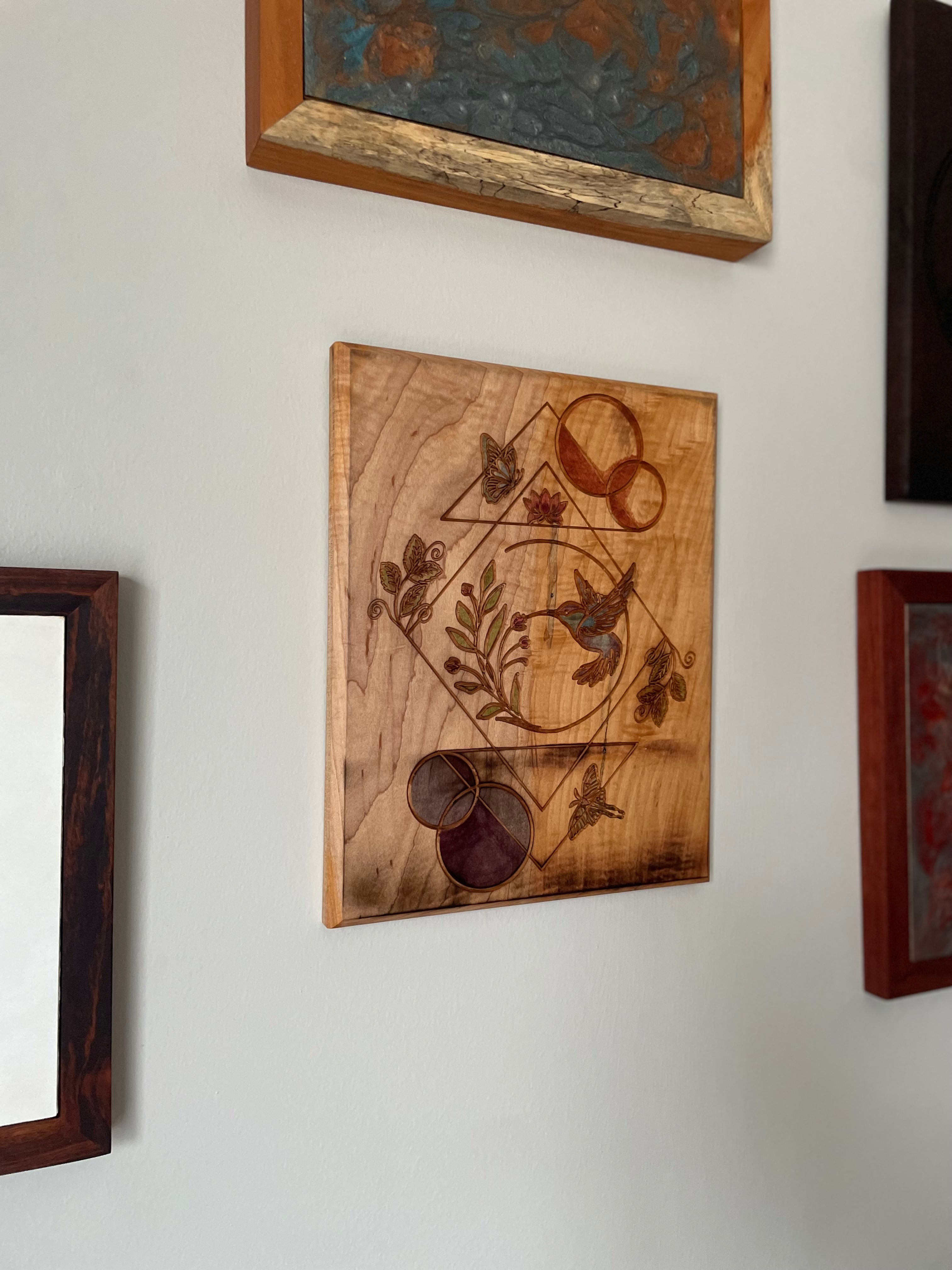 Hand-crafted Curly Maple Wall Art – Hummingbird Geometric Nature Wood Panel