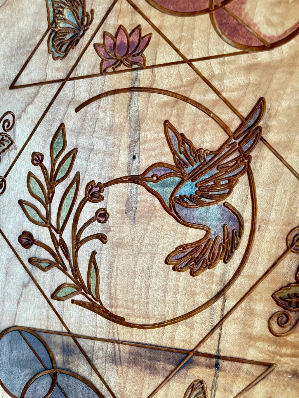 Hand-crafted Curly Maple Wall Art – Hummingbird Geometric Nature Wood Panel