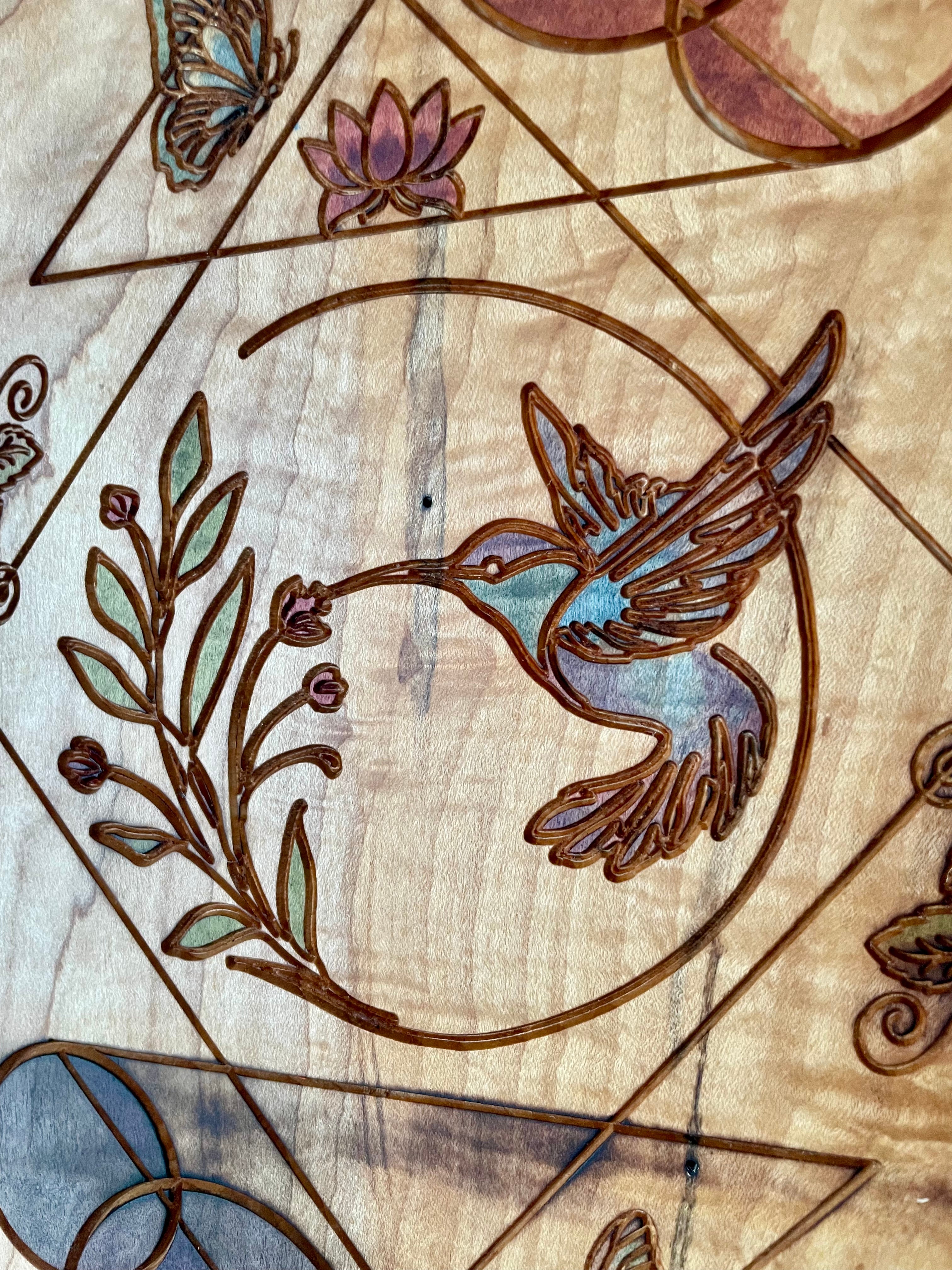 Hand-crafted Curly Maple Wall Art – Hummingbird Geometric Nature Wood Panel
