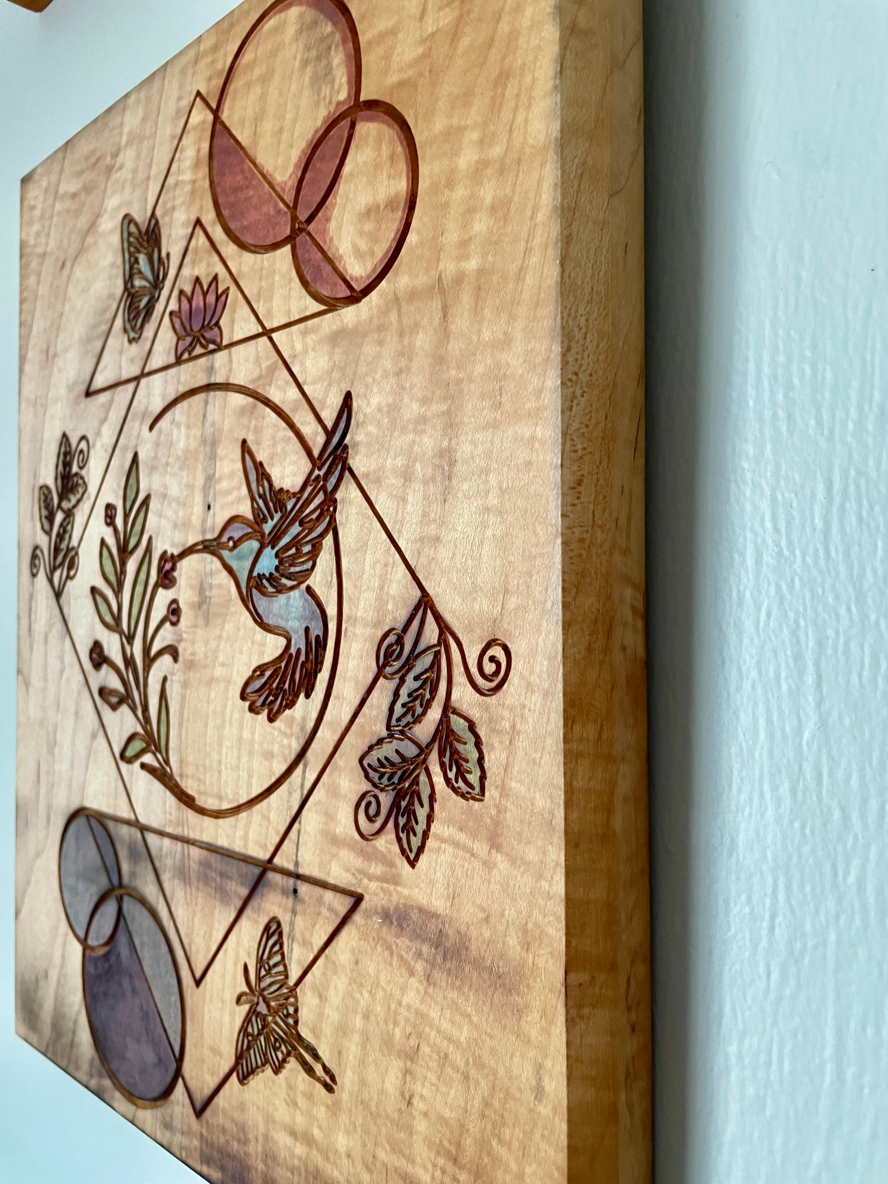 Hand-crafted Curly Maple Wall Art – Hummingbird Geometric Nature Wood Panel