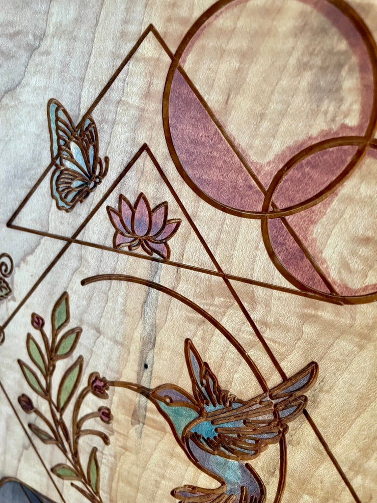 Hand-crafted Curly Maple Wall Art – Hummingbird Geometric Nature Wood Panel