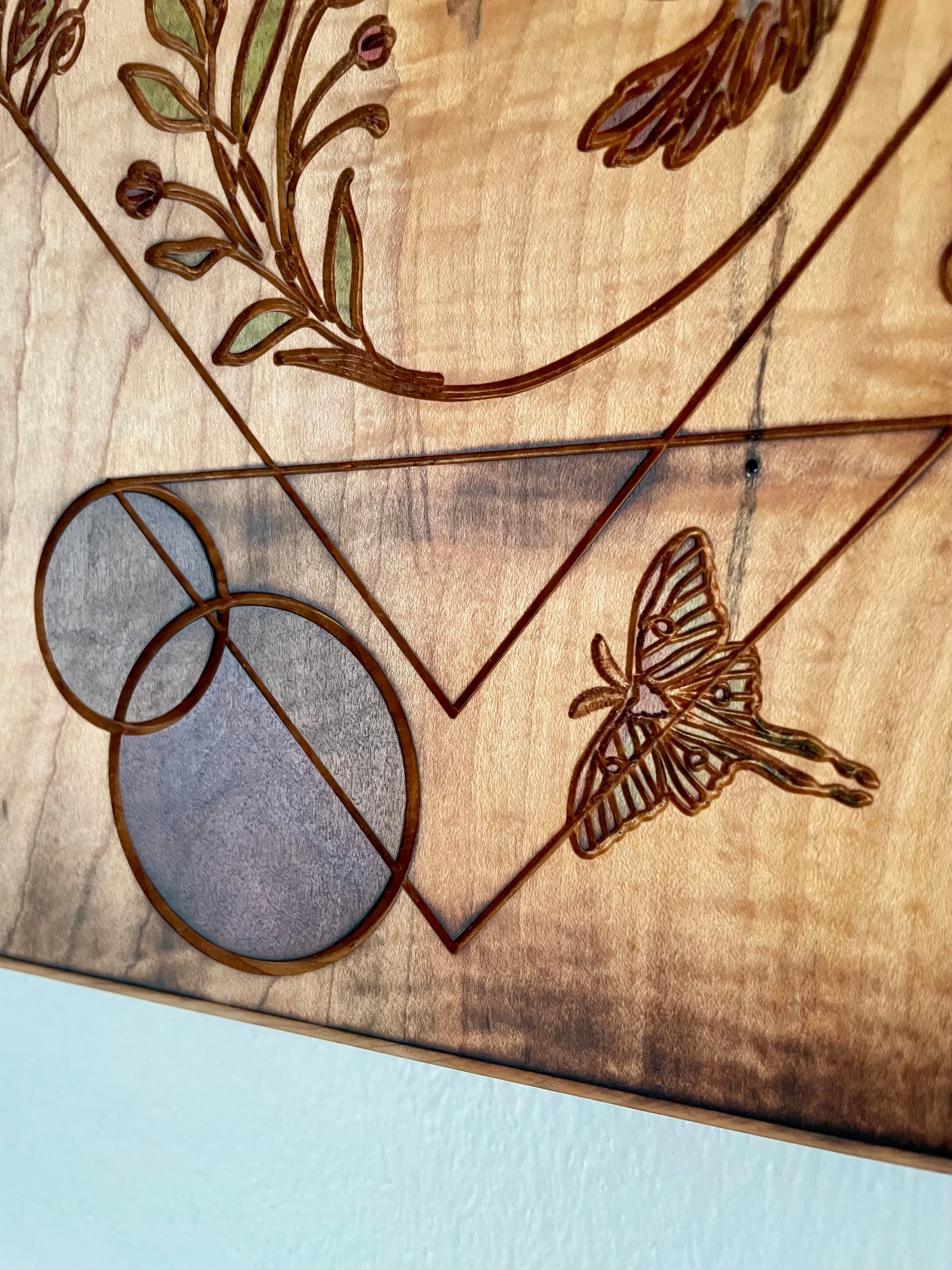 Hand-crafted Curly Maple Wall Art – Hummingbird Geometric Nature Wood Panel