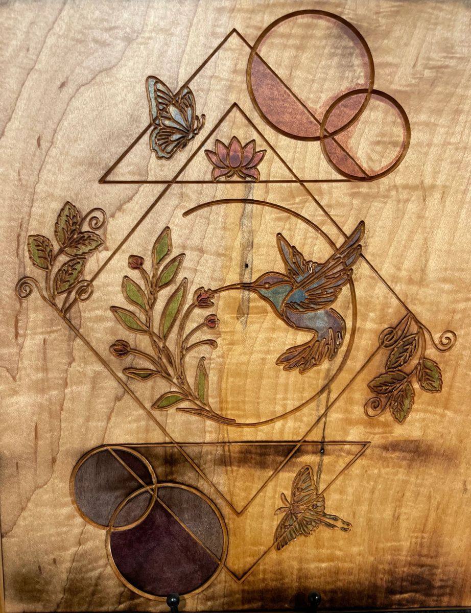 Hand-crafted Curly Maple Wall Art – Hummingbird Geometric Nature Wood Panel