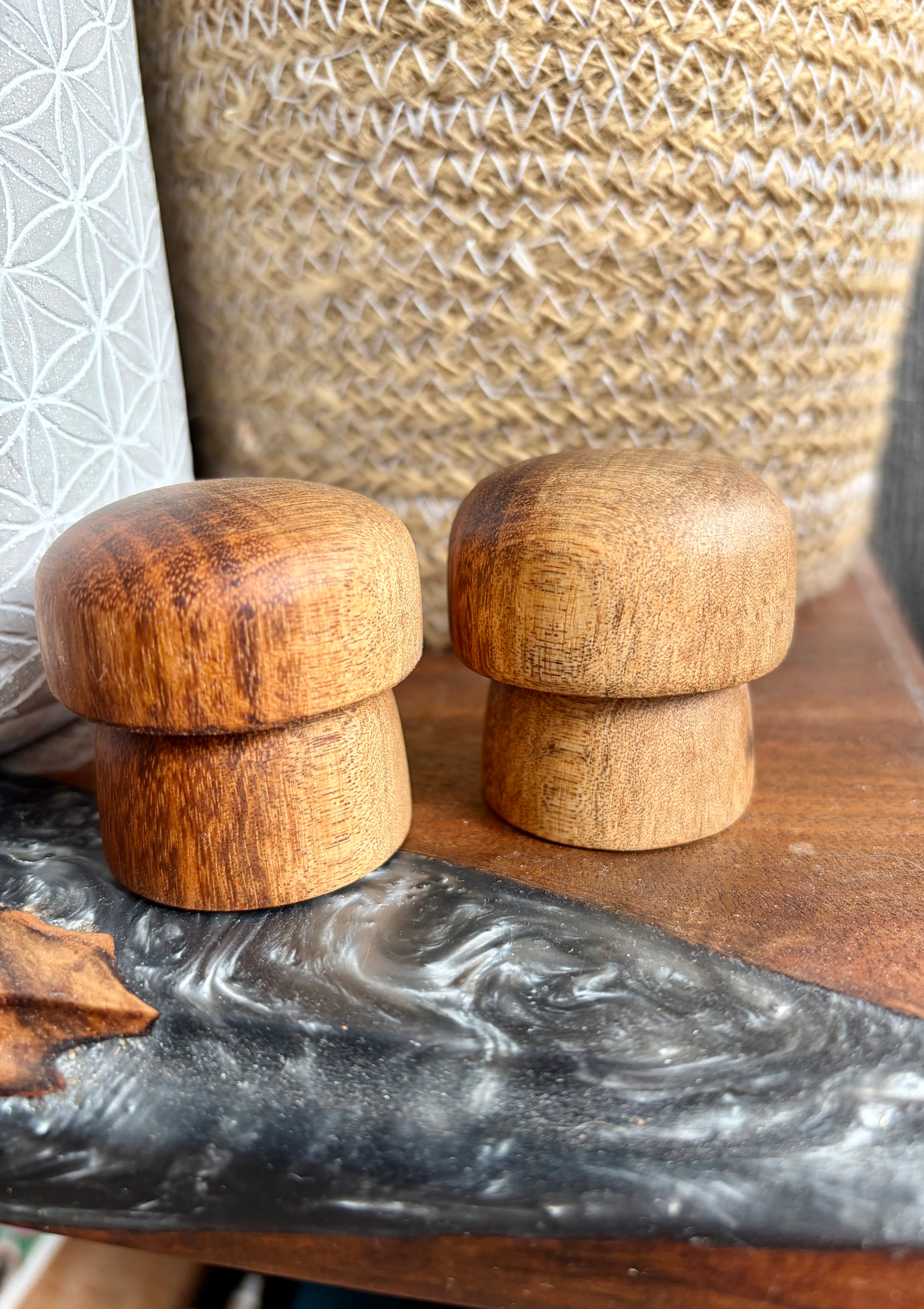 Jatoba Wood Mushrooms – Hand Turned Exotic Hardwood Decor – Set of 2 Natural Wood Sculptures