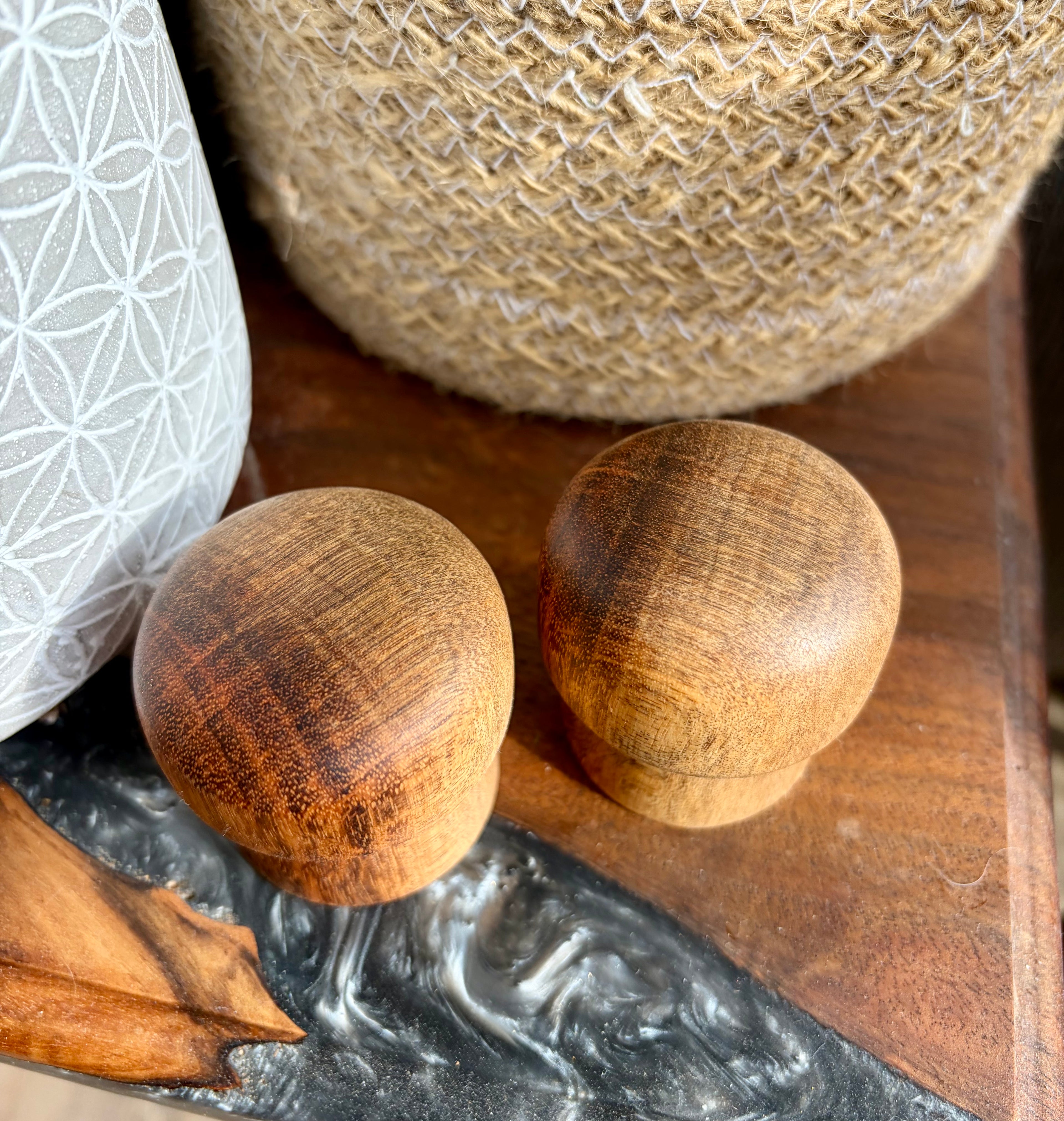 Jatoba Wood Mushrooms – Hand Turned Exotic Hardwood Decor – Set of 2 Natural Wood Sculptures