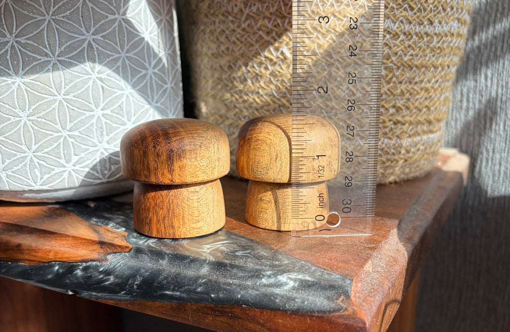 Jatoba Wood Mushrooms – Hand Turned Exotic Hardwood Decor – Set of 2 Natural Wood Sculptures